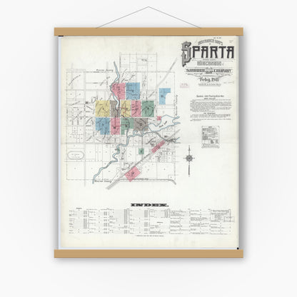 Old map wall art mockup — magnetic wood frame on white wall — Sanborn Fire Insurance Map from Sparta, Monroe County, Wisconsin (1911) - Complete Map Set