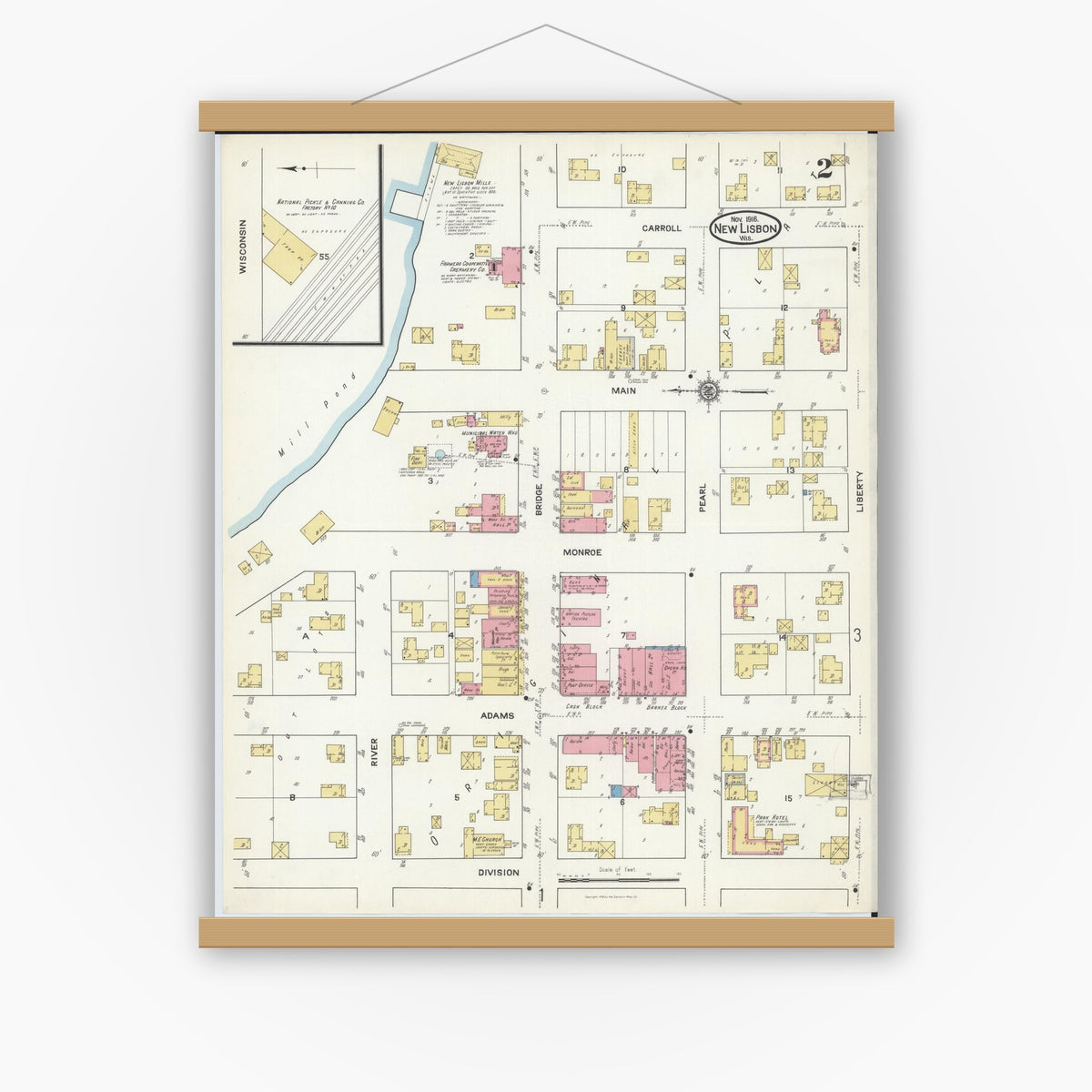 Old map wall art mockup — magnetic wood frame on white wall — Sanborn Fire Insurance Map from New Lisbon, Juneau County, Wisconsin (1916), Sheet #0002