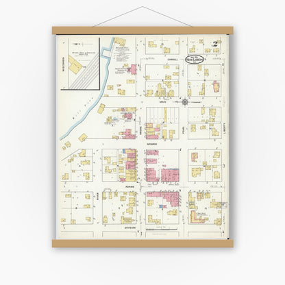 Old map wall art mockup — magnetic wood frame on white wall — Sanborn Fire Insurance Map from New Lisbon, Juneau County, Wisconsin (1916), Sheet #0002