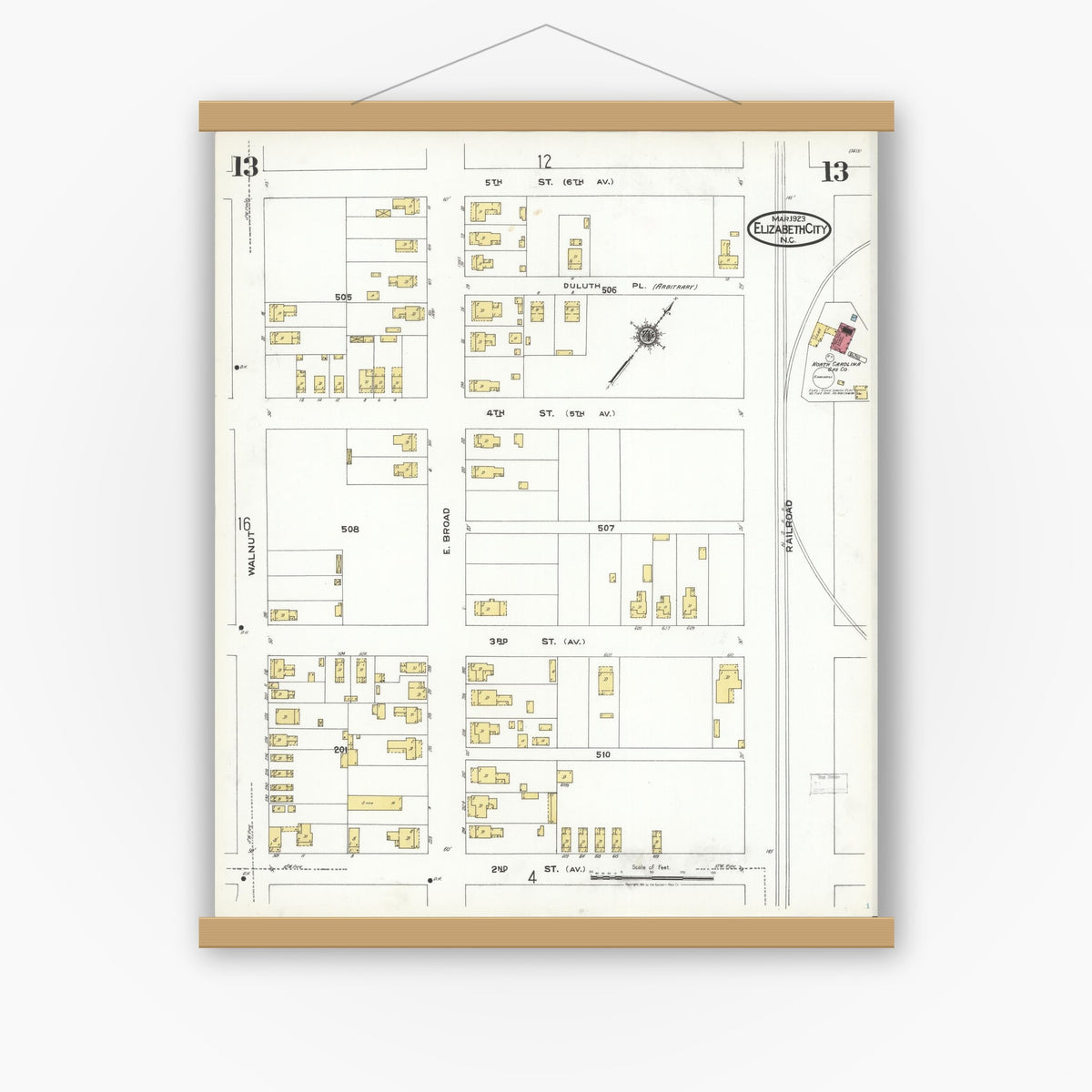 Old map wall art mockup — magnetic wood frame on white wall — Sanborn Fire Insurance Map from Elizabeth City, Pasquotank County, North Carolina (1923), Sheet #0013