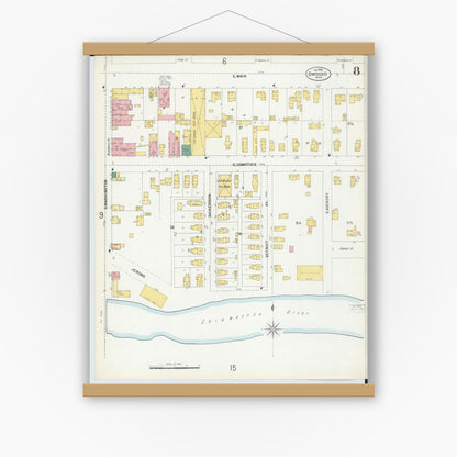Old map wall art mockup — magnetic wood frame on white wall — Sanborn Fire Insurance Map from Owosso, Shiawassee County, Michigan (1900), Sheet #0008