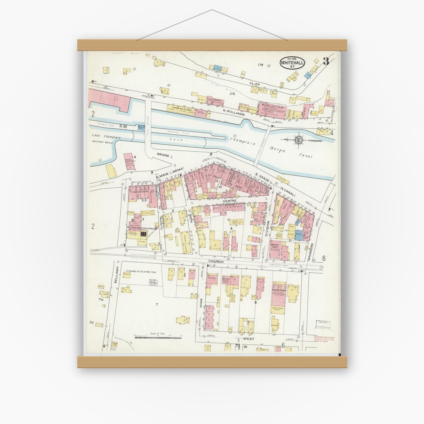 Old map wall art mockup — magnetic wood frame on white wall — Sanborn Fire Insurance Map from Whitehall, Washington County, New York (1915), Sheet #0003