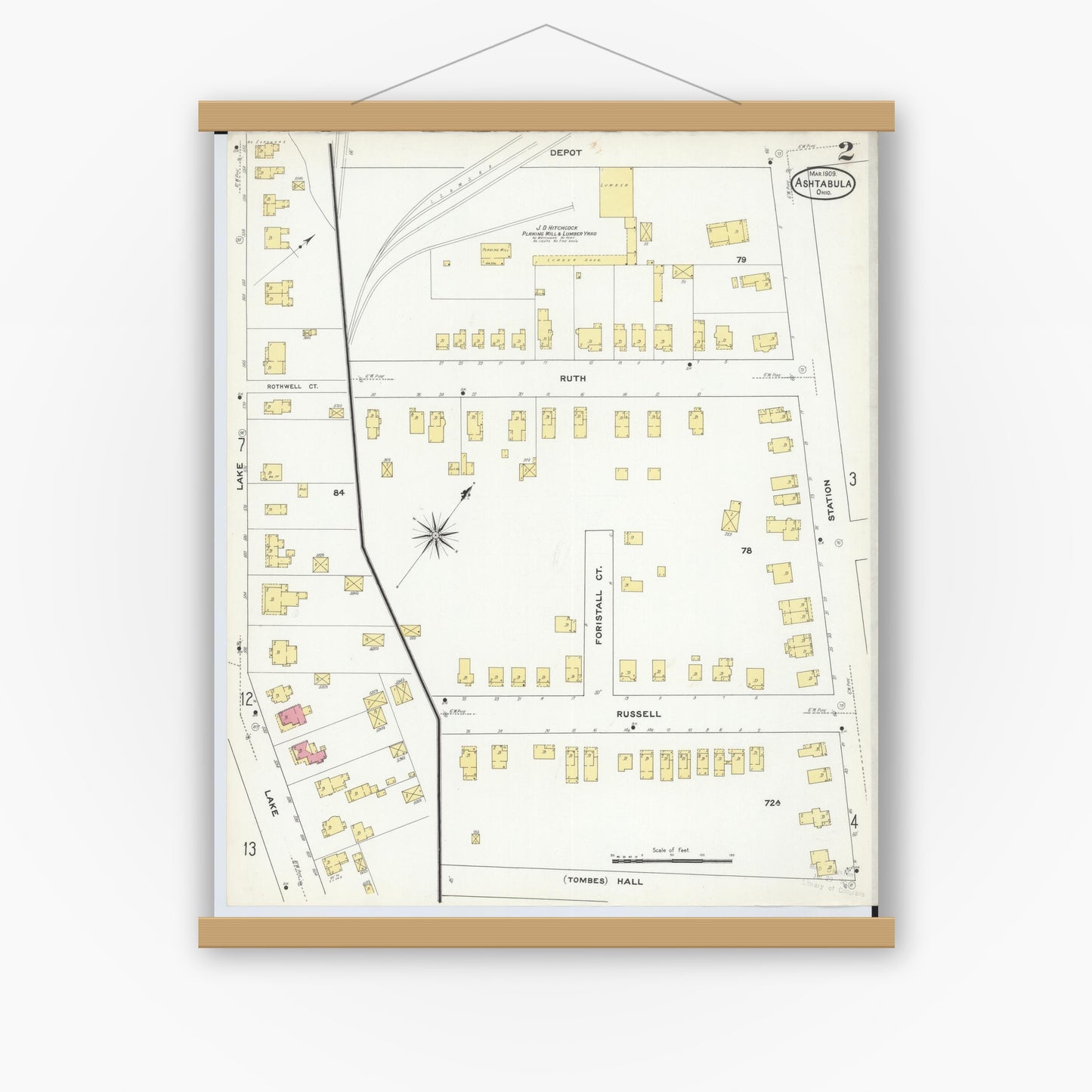 Old map wall art mockup — magnetic wood frame on white wall — Sanborn Fire Insurance Map from Ashtabula, Ashtabula County, Ohio (1909), Sheet #0002