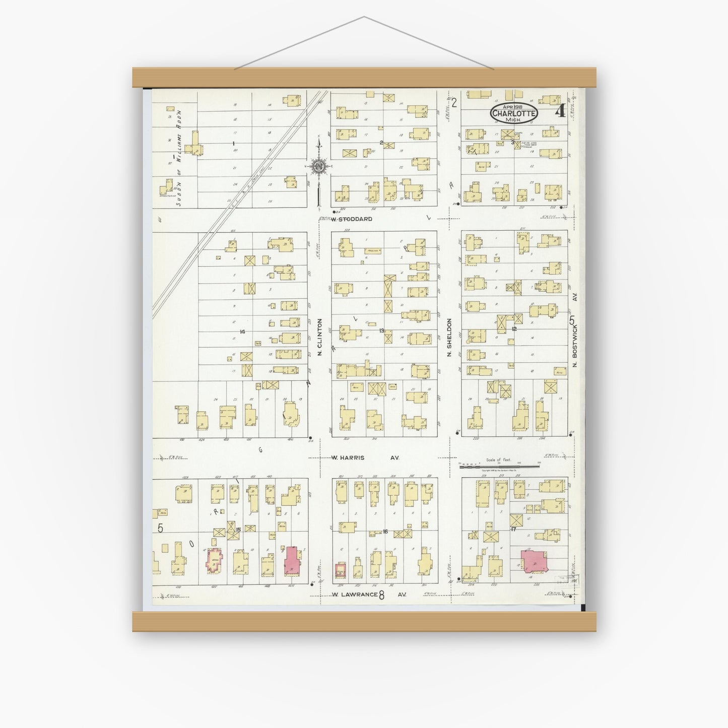 Old map wall art mockup — magnetic wood frame on white wall — Sanborn Fire Insurance Map from Charlotte, Eaton County, Michigan (1918), Sheet #0004