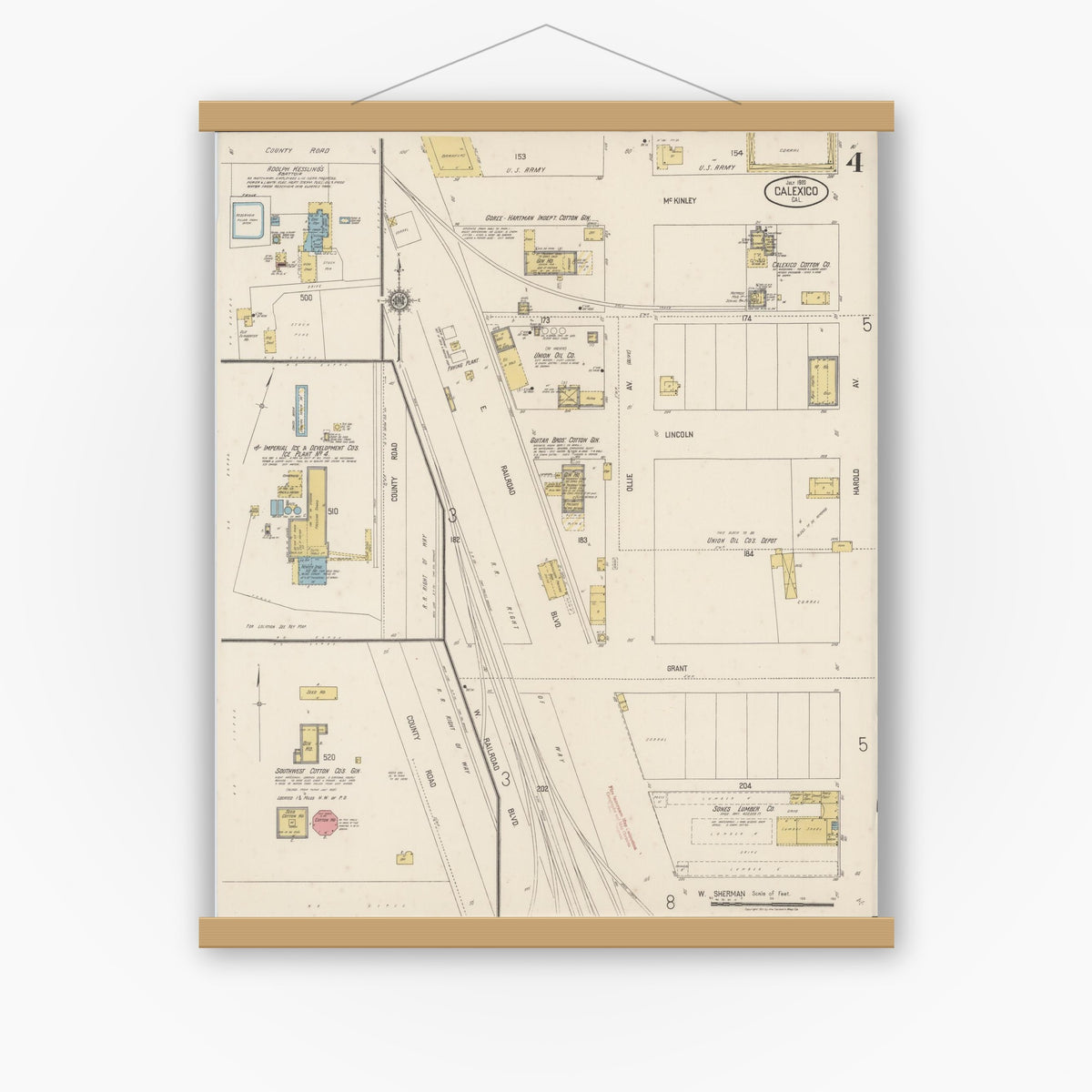 Old map wall art mockup — magnetic wood frame on white wall — Sanborn Fire Insurance Map from Calexico, Imperial County, California (1920), Sheet #0004