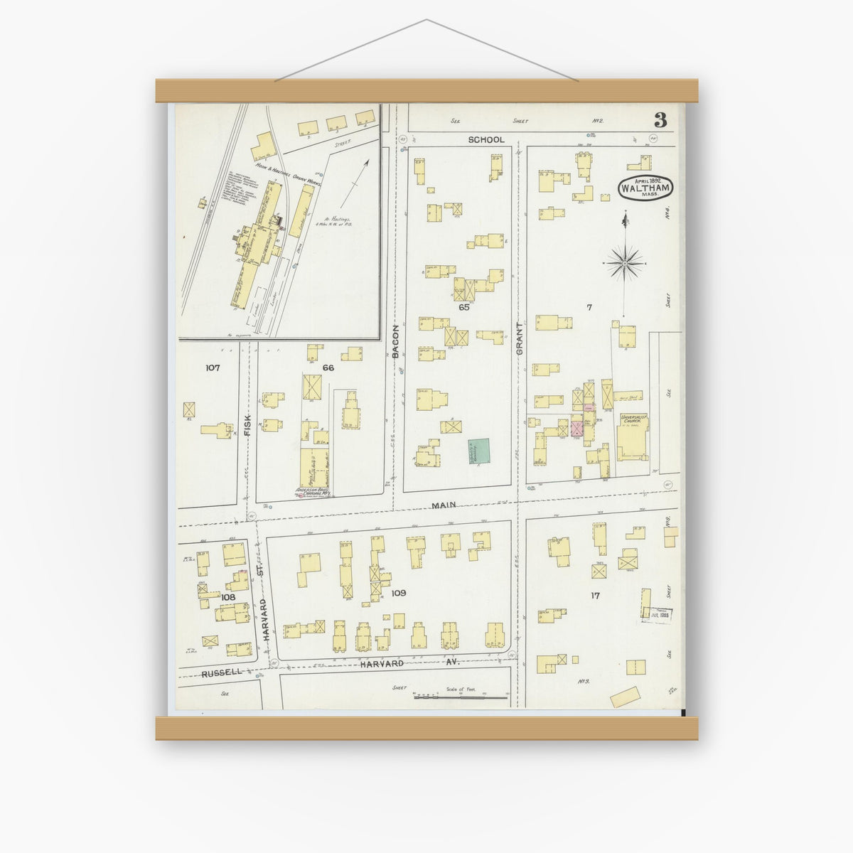 Old map wall art mockup — magnetic wood frame on white wall — Sanborn Fire Insurance Map from Waltham, Middlesex County, Massachusetts (1892), Sheet #0003