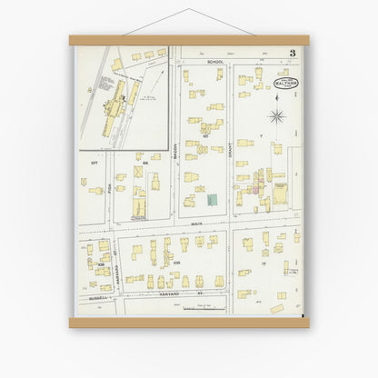 Old map wall art mockup — magnetic wood frame on white wall — Sanborn Fire Insurance Map from Waltham, Middlesex County, Massachusetts (1892), Sheet #0003