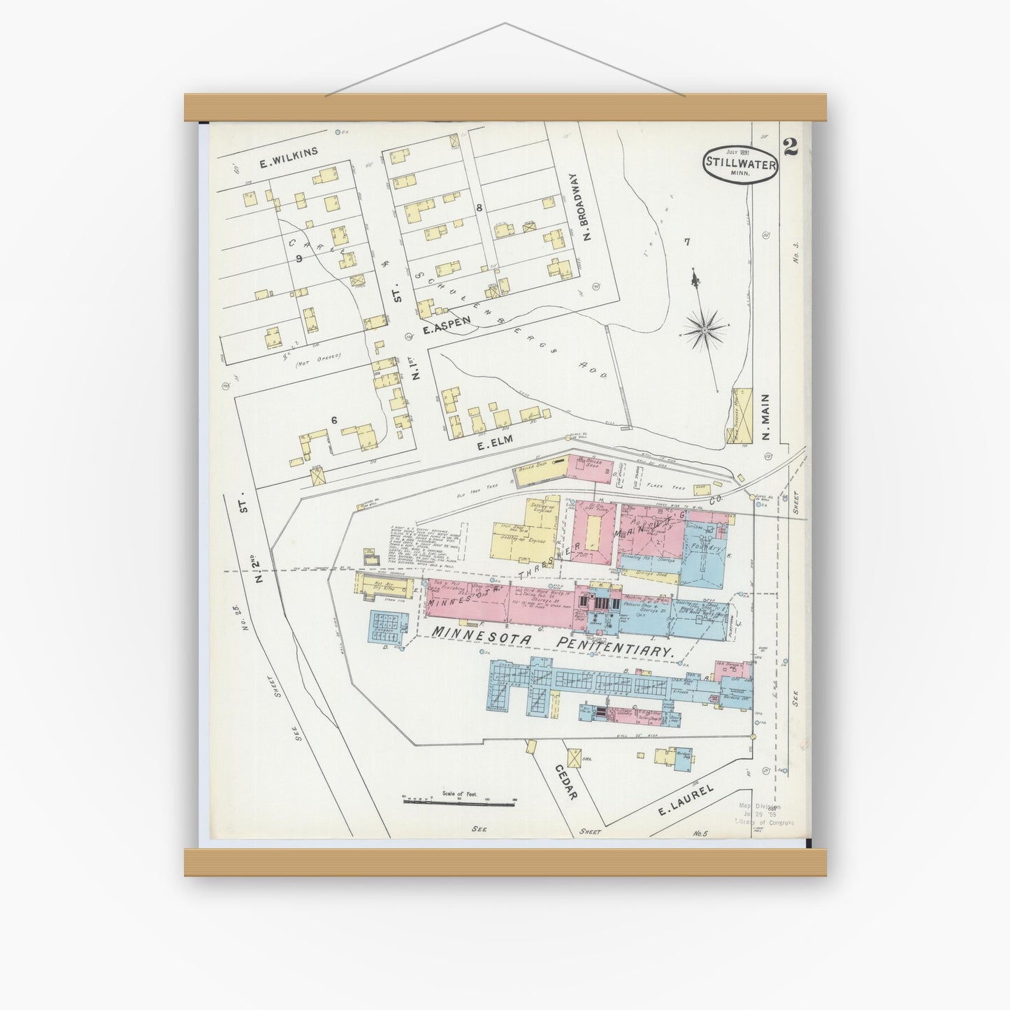 Old map wall art mockup — magnetic wood frame on white wall — Sanborn Fire Insurance Map from Stillwater, Washington County, Minnesota (1891), Sheet #0002