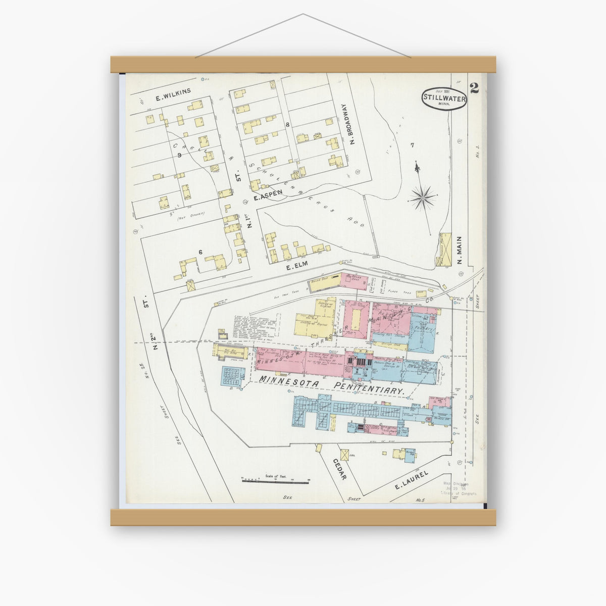 Old map wall art mockup — magnetic wood frame on white wall — Sanborn Fire Insurance Map from Stillwater, Washington County, Minnesota (1891), Sheet #0002