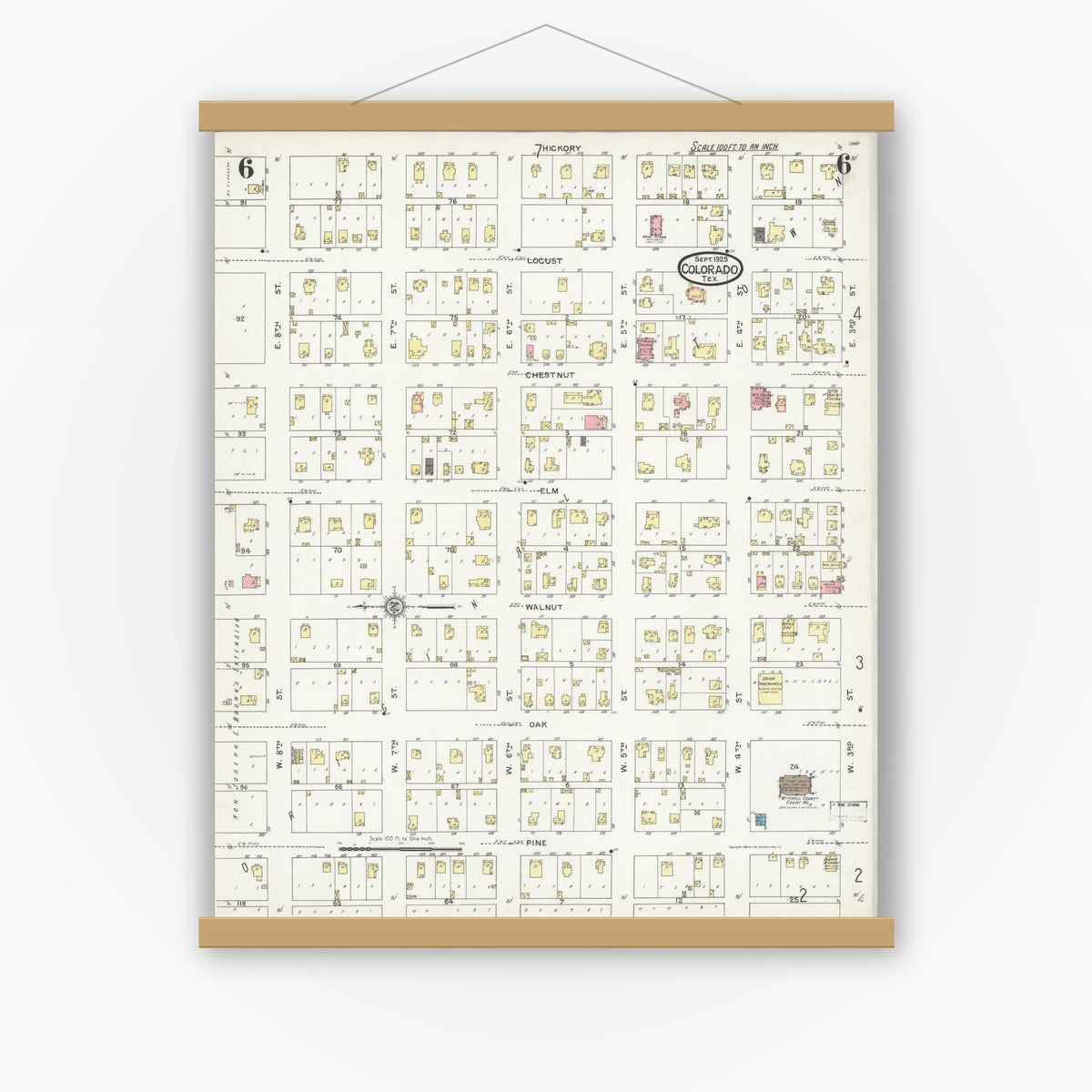 Old map wall art mockup — magnetic wood frame on white wall — Sanborn Fire Insurance Map from Colorado, Mitchell County, Texas (1925), Sheet #0006