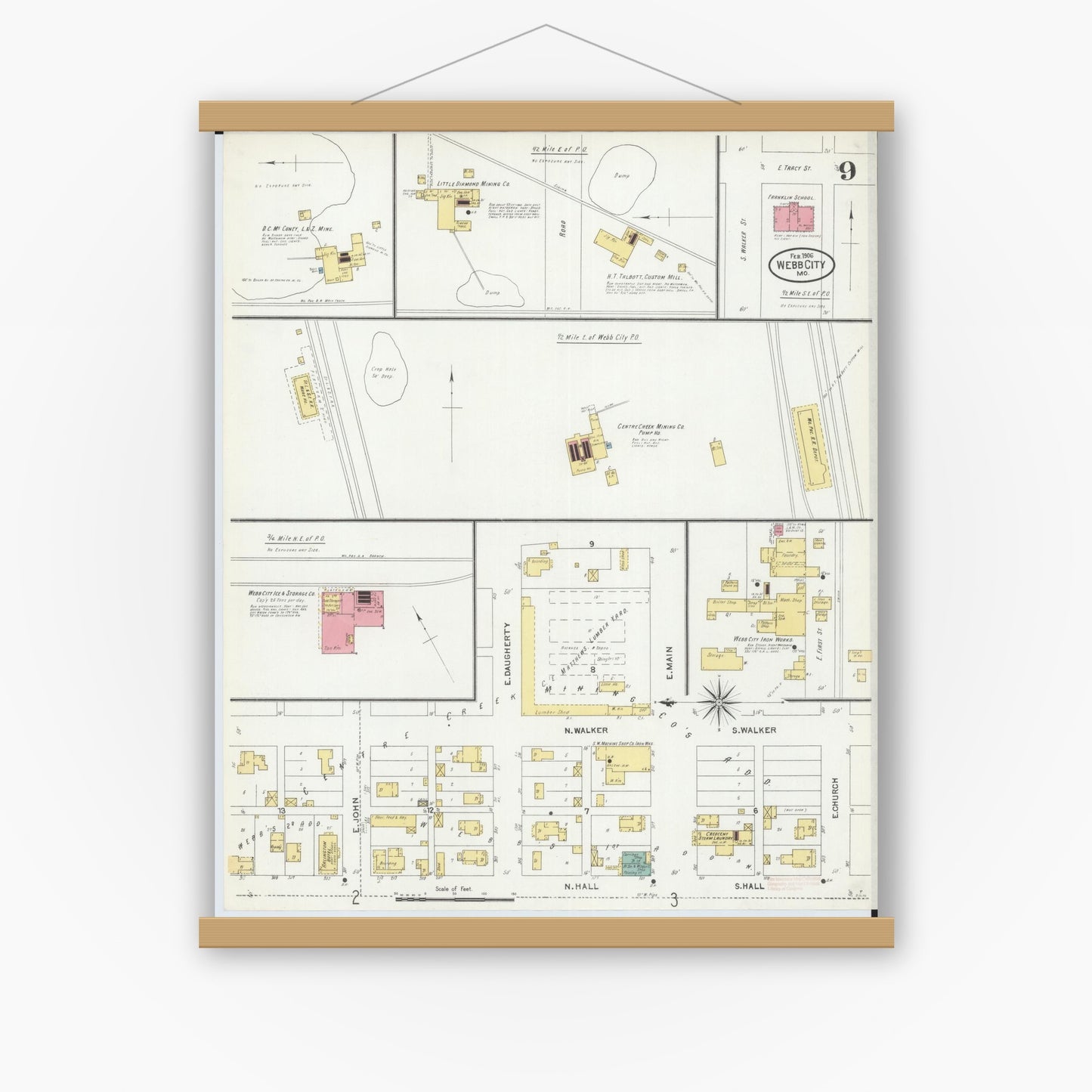 Old map wall art mockup — magnetic wood frame on white wall — Sanborn Fire Insurance Map from Webb City, Jasper County, Missouri (1906), Sheet #0009