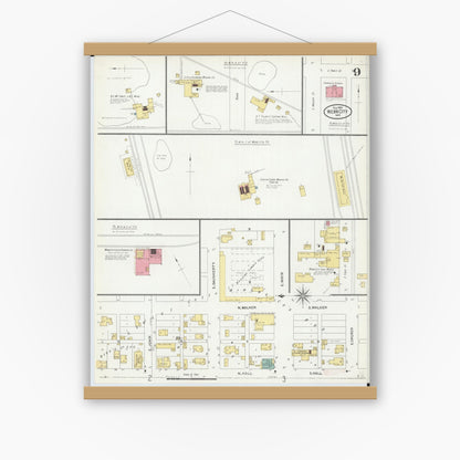 Old map wall art mockup — magnetic wood frame on white wall — Sanborn Fire Insurance Map from Webb City, Jasper County, Missouri (1906), Sheet #0009