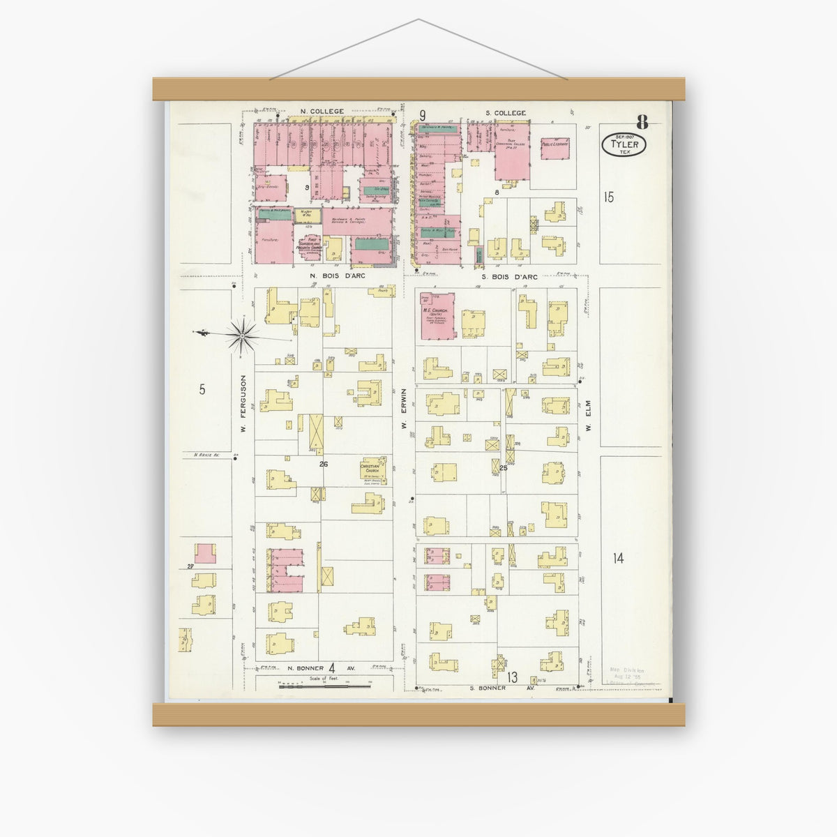 Old map wall art mockup — magnetic wood frame on white wall — Sanborn Fire Insurance Map from Tyler, Smith County, Texas (1907), Sheet #0008
