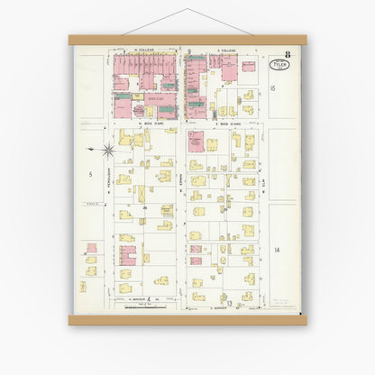 Old map wall art mockup — magnetic wood frame on white wall — Sanborn Fire Insurance Map from Tyler, Smith County, Texas (1907), Sheet #0008