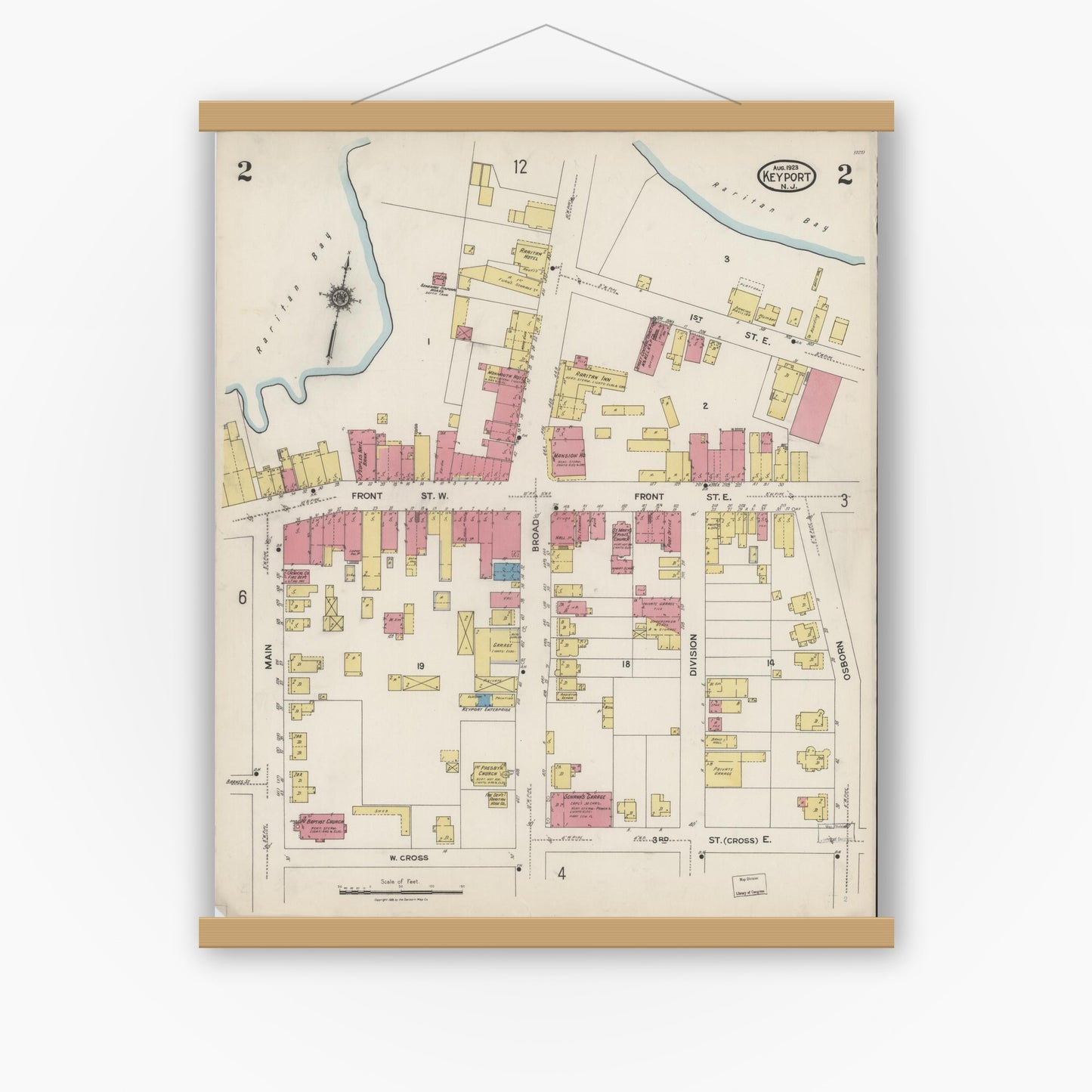 Old map wall art mockup — magnetic wood frame on white wall — Sanborn Fire Insurance Map from Keyport, Monmouth County, New Jersey (1923), Sheet #0002