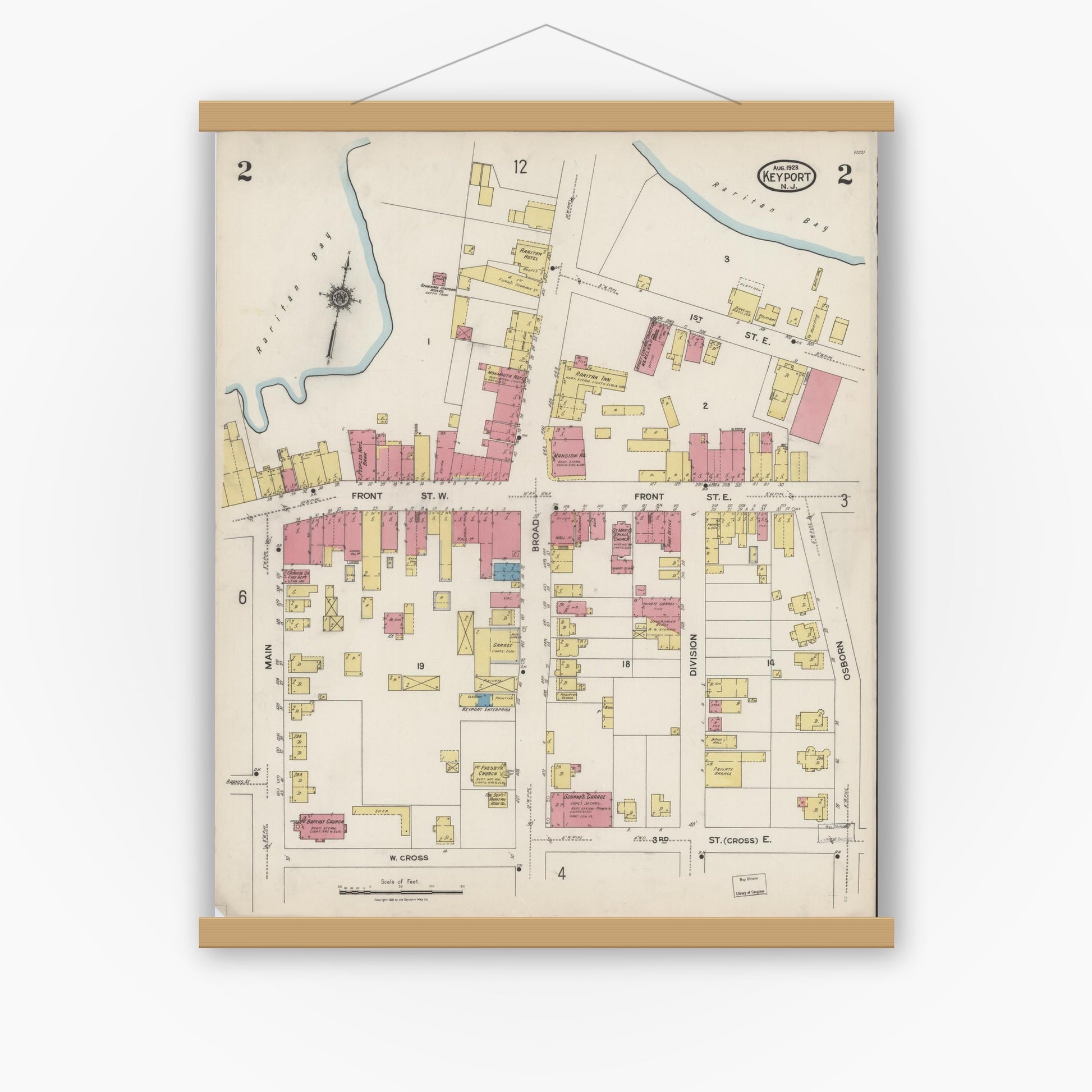 Old map wall art mockup — magnetic wood frame on white wall — Sanborn Fire Insurance Map from Keyport, Monmouth County, New Jersey (1923), Sheet #0002