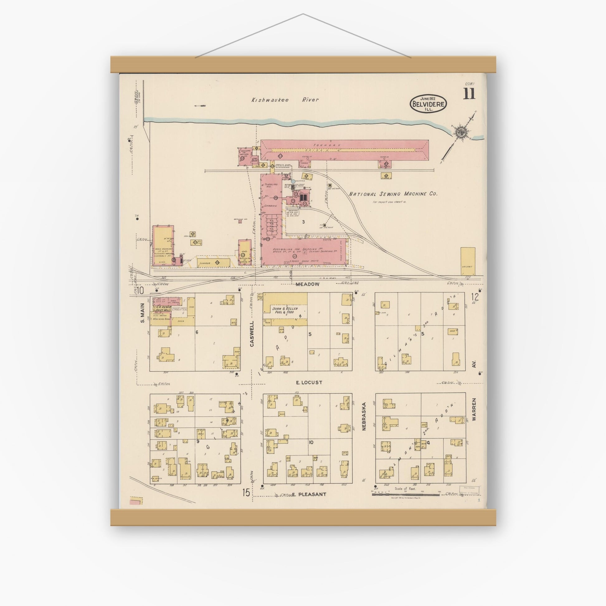 Old map wall art mockup — magnetic wood frame on white wall — Sanborn Fire Insurance Map from Belvidere, Boone County, Illinois (1922), Sheet #0011