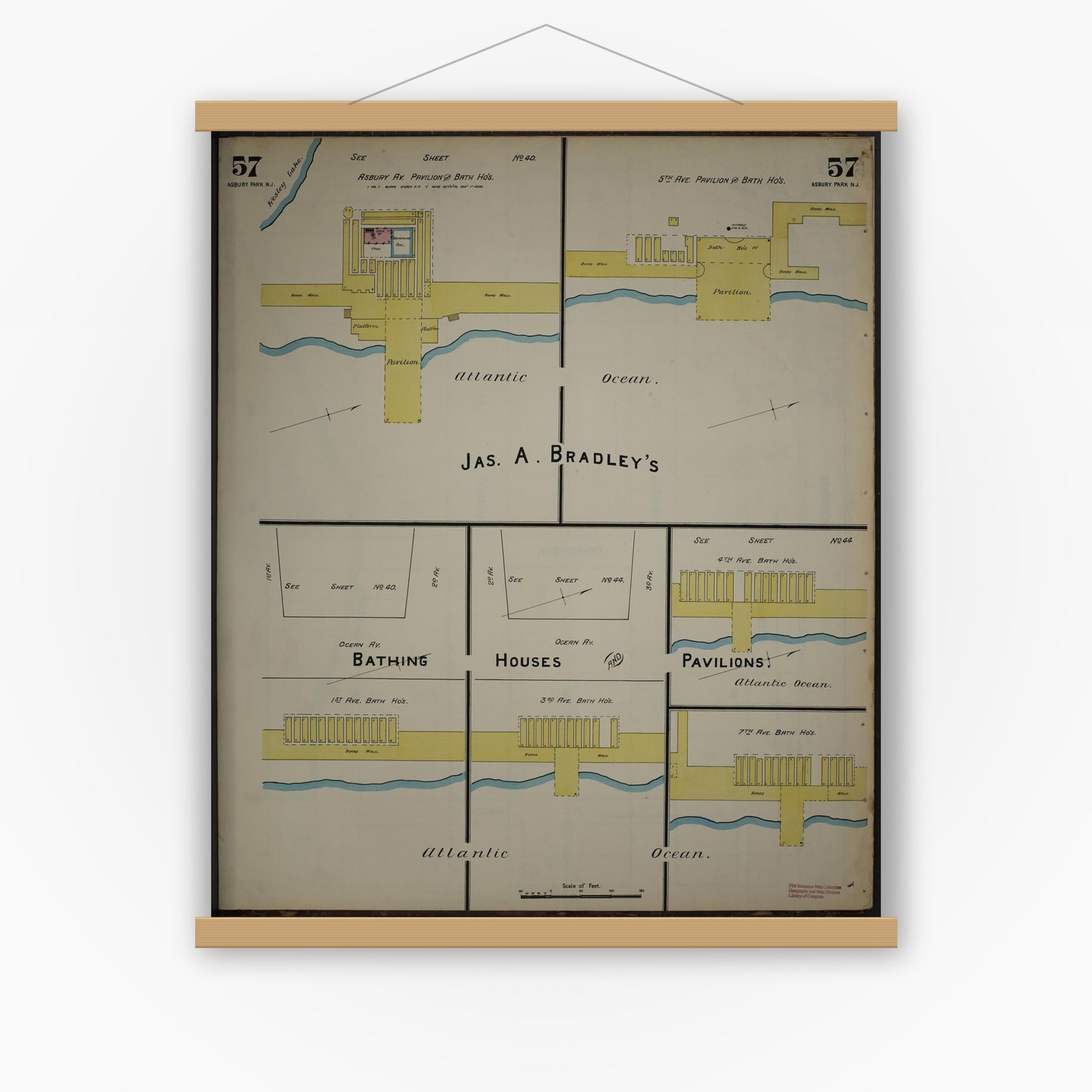 Old map wall art mockup — magnetic wood frame on white wall — Sanborn Fire Insurance Map from New Jersey Coast, New Jersey Coast, New Jersey (1890), Sheet #0057