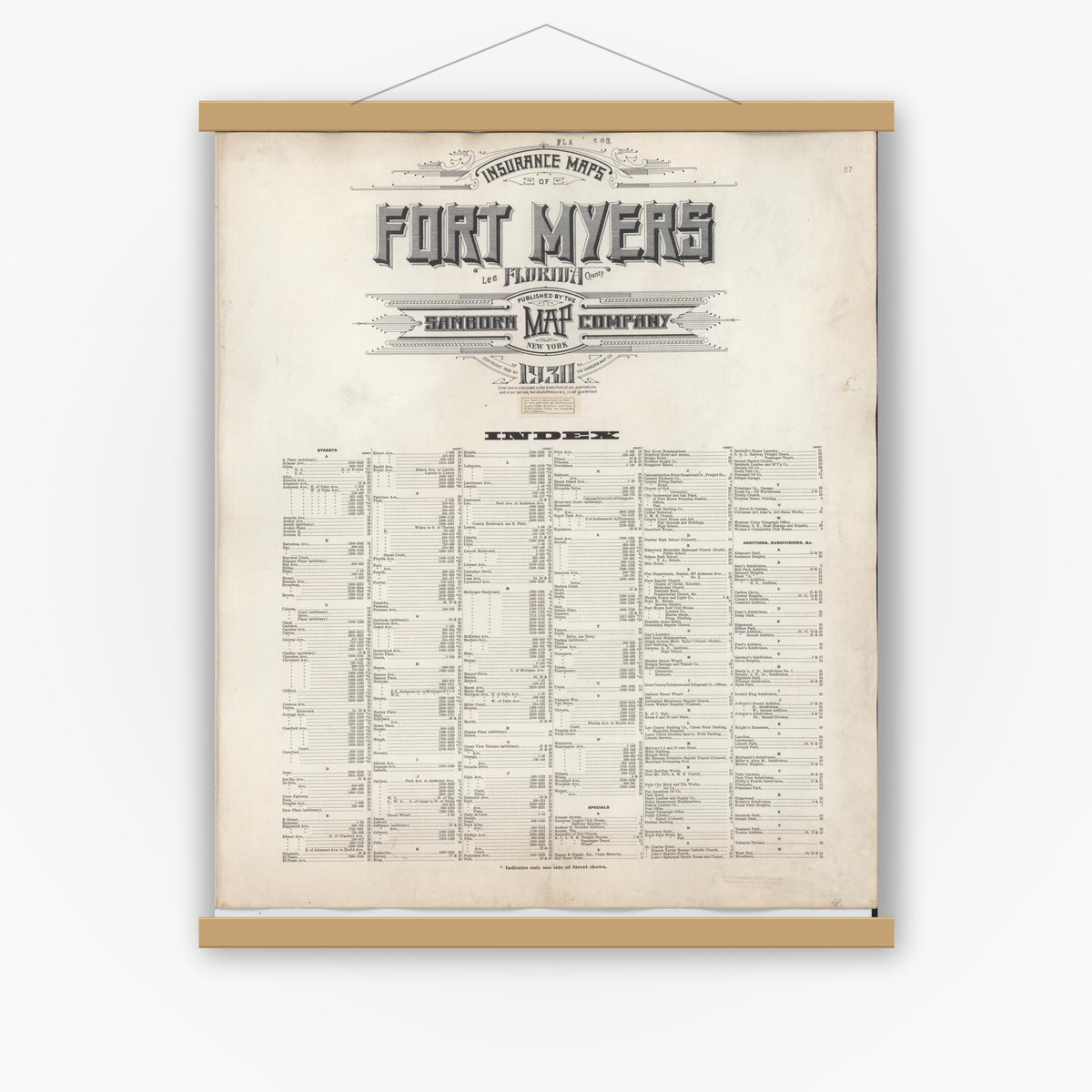 Old map wall art mockup — magnetic wood frame on white wall — Sanborn Fire Insurance Map from Fort Myers, Lee County, Florida (1948), Sheet #0001