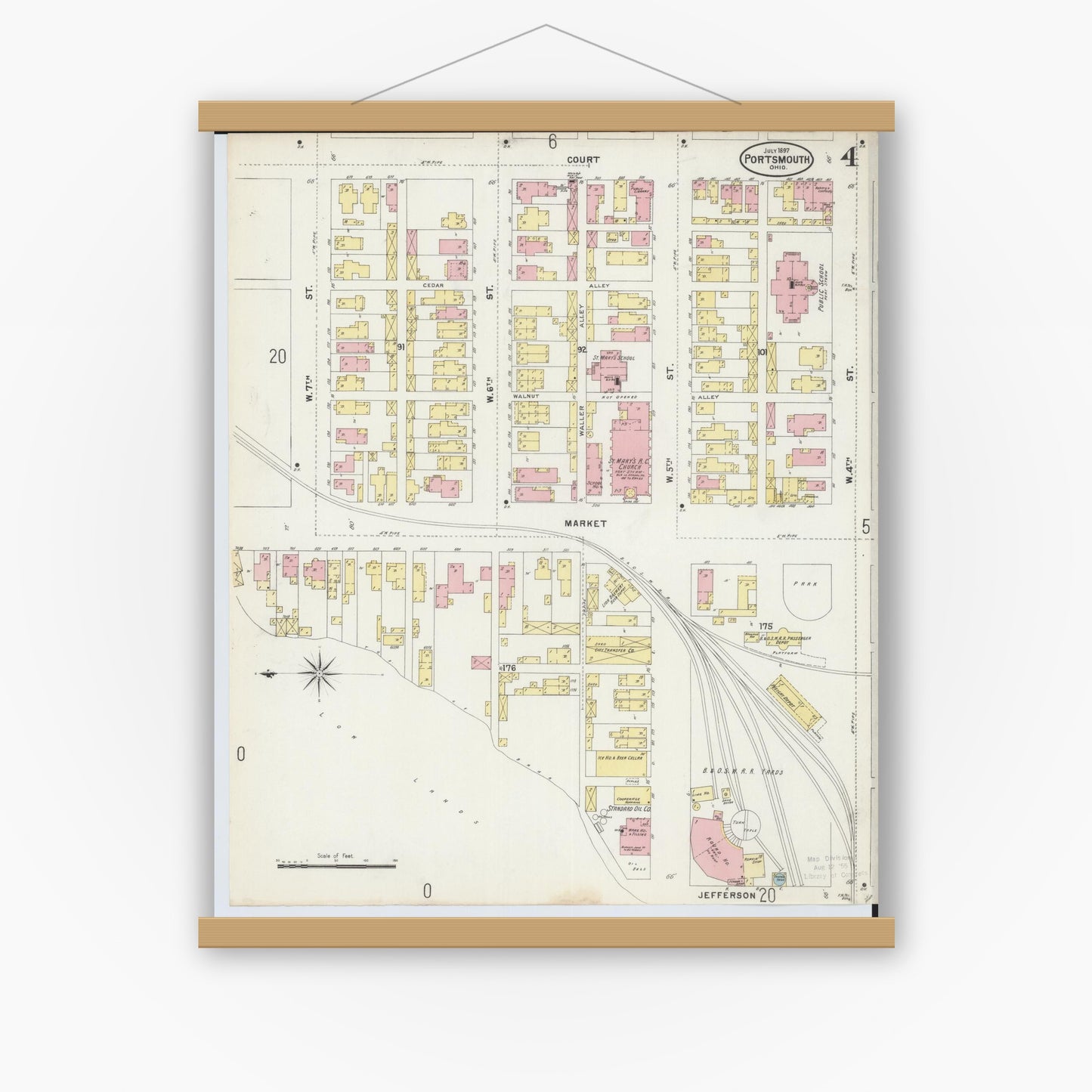 Old map wall art mockup — magnetic wood frame on white wall — Sanborn Fire Insurance Map from Portsmouth, Scioto County, Ohio (1897), Sheet #0004