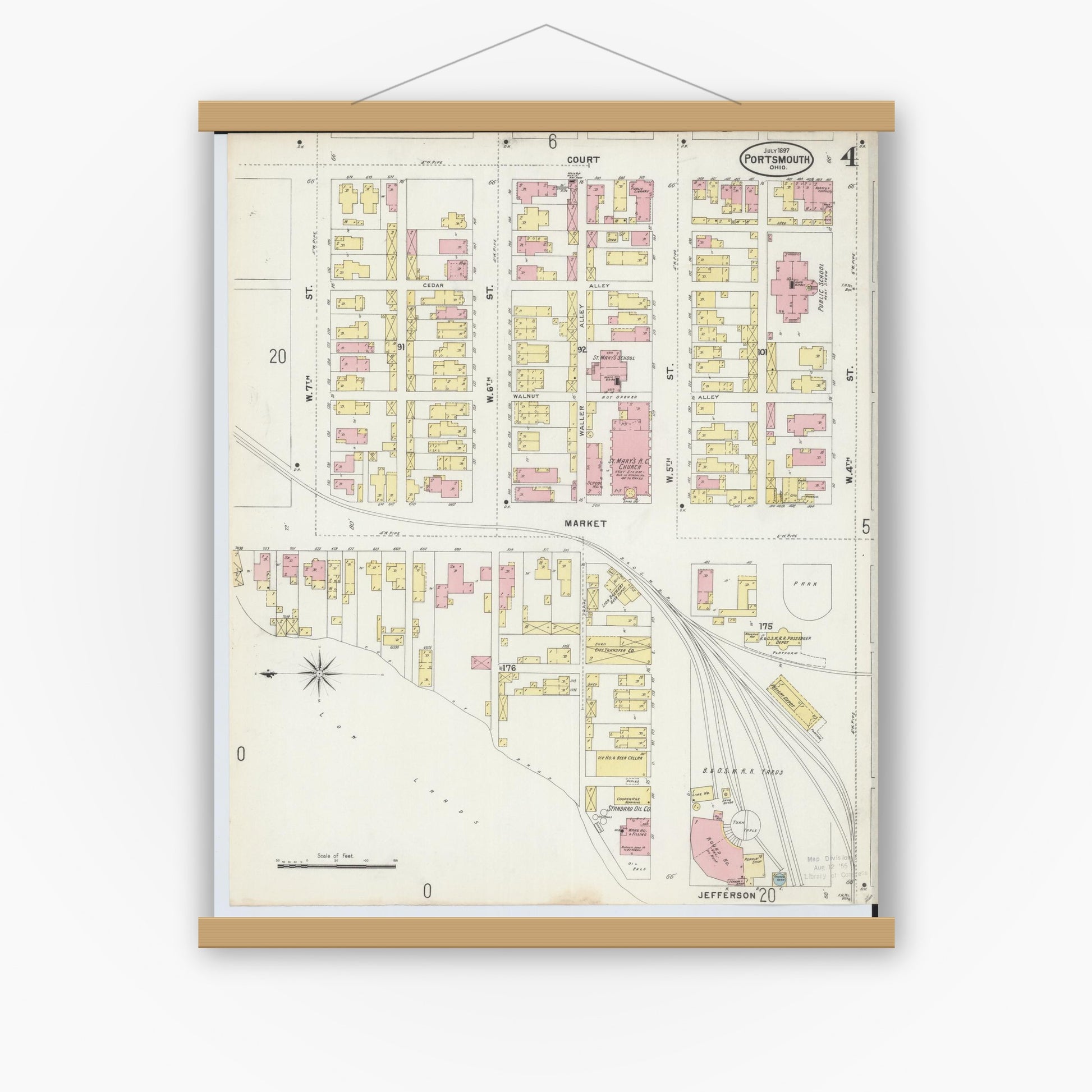 Old map wall art mockup — magnetic wood frame on white wall — Sanborn Fire Insurance Map from Portsmouth, Scioto County, Ohio (1897), Sheet #0004