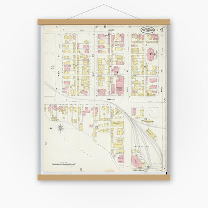 Old map wall art mockup — magnetic wood frame on white wall — Sanborn Fire Insurance Map from Portsmouth, Scioto County, Ohio (1897), Sheet #0004