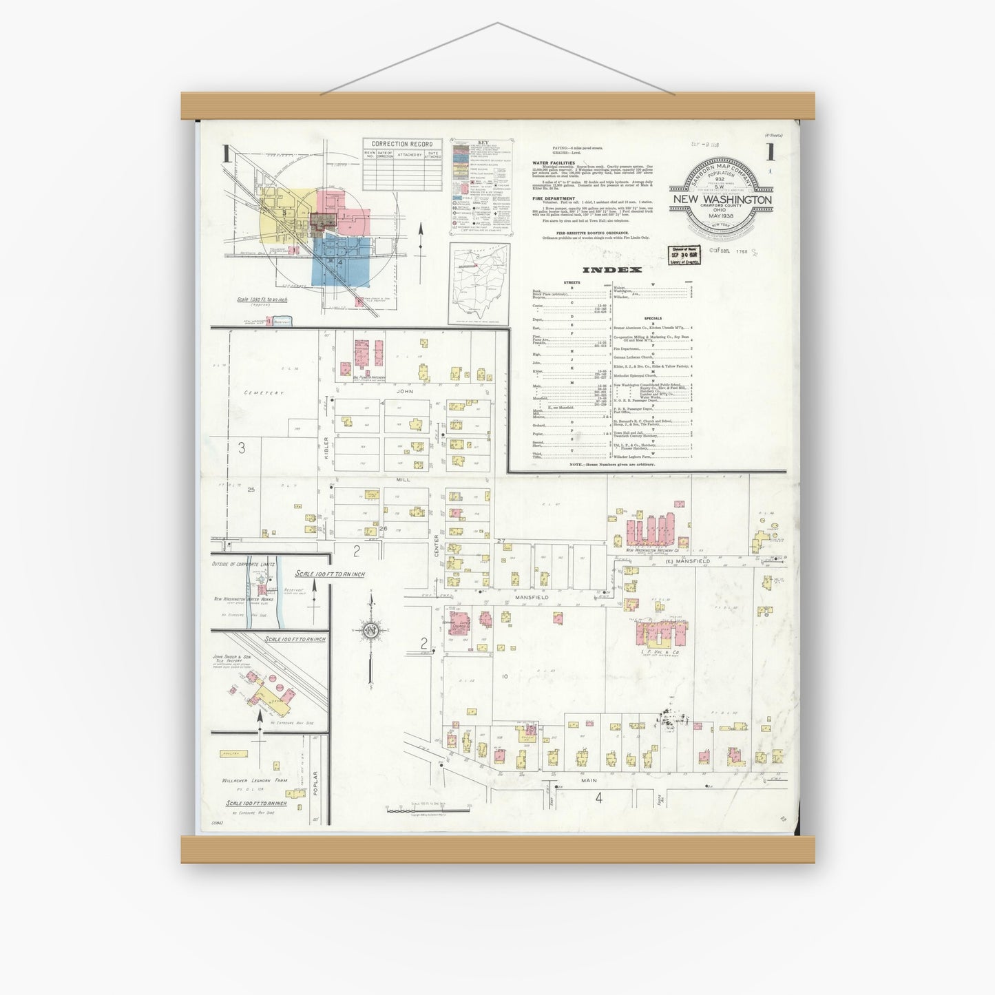 Old map wall art mockup — magnetic wood frame on white wall — Sanborn Fire Insurance Map from New Washington, Crawford County, Ohio (1938) - Complete Map Set
