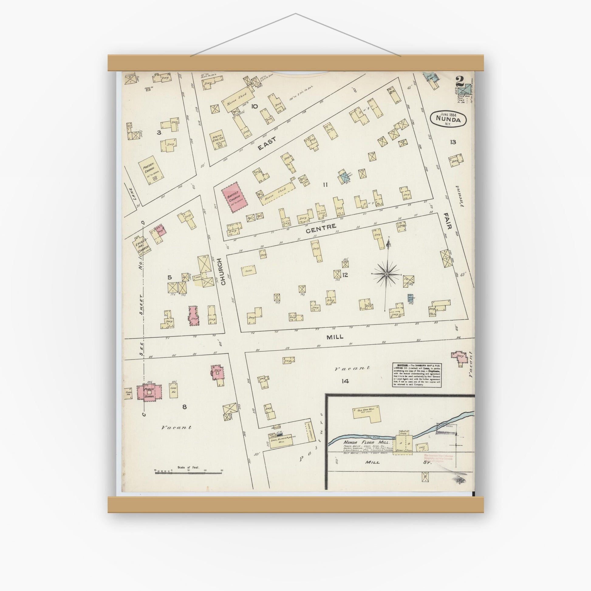 Old map wall art mockup — magnetic wood frame on white wall — Sanborn Fire Insurance Map from Nunda, Livingston County, New York (1884), Sheet #0002