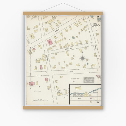 Old map wall art mockup — magnetic wood frame on white wall — Sanborn Fire Insurance Map from Nunda, Livingston County, New York (1884), Sheet #0002