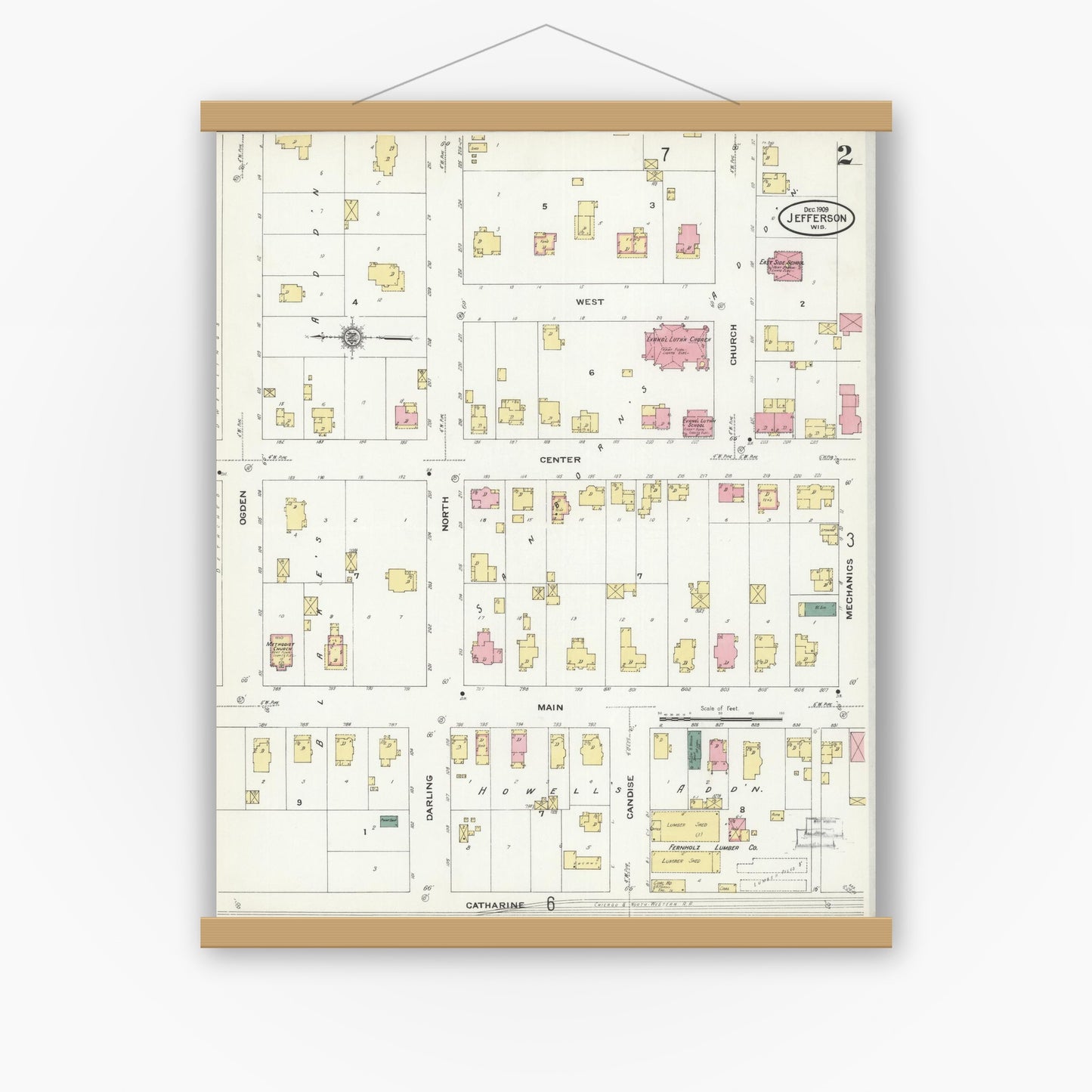 Old map wall art mockup — magnetic wood frame on white wall — Sanborn Fire Insurance Map from Jefferson, Jefferson County, Wisconsin (1909), Sheet #0002