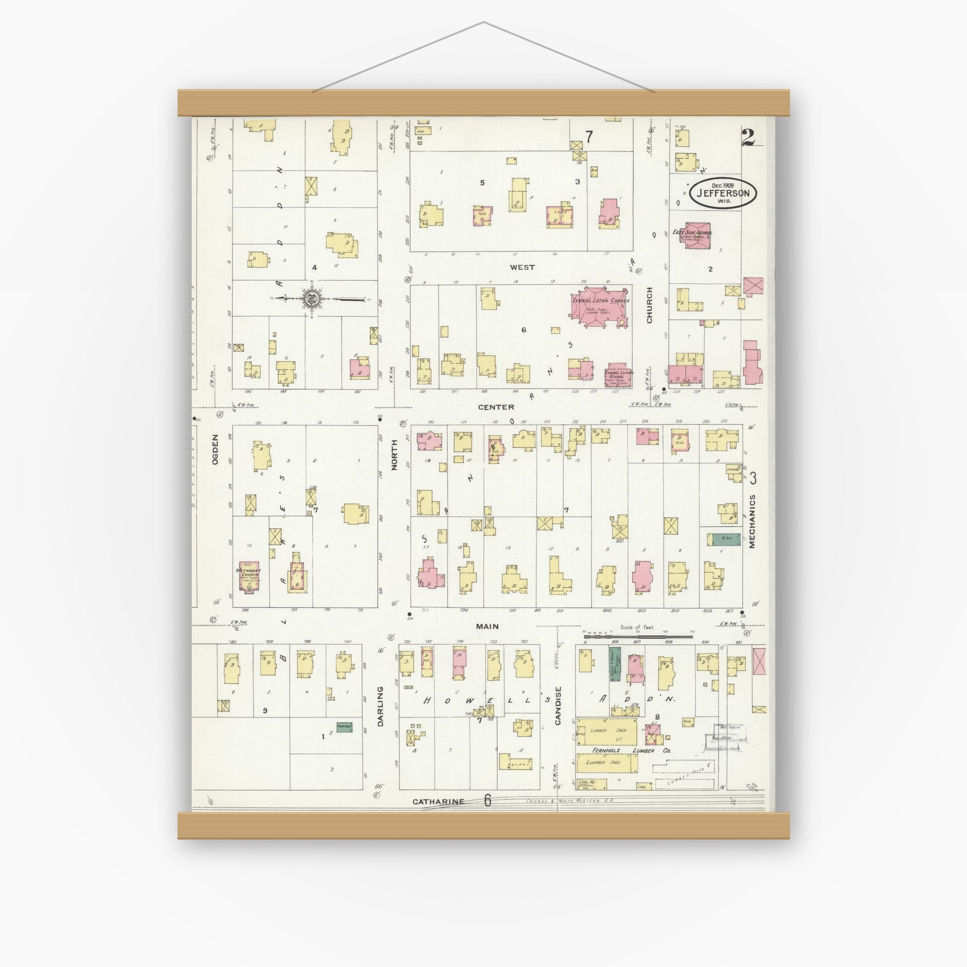 Old map wall art mockup — magnetic wood frame on white wall — Sanborn Fire Insurance Map from Jefferson, Jefferson County, Wisconsin (1909), Sheet #0002