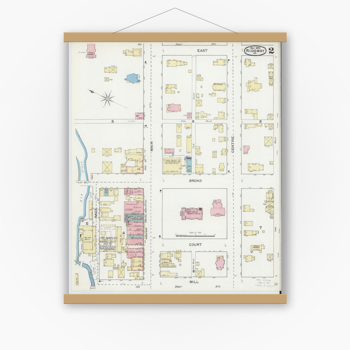 Old map wall art mockup — magnetic wood frame on white wall — Sanborn Fire Insurance Map from Ridgway, Elk County, Pennsylvania (1892), Sheet #0002