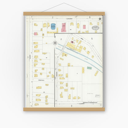 Old map wall art mockup — magnetic wood frame on white wall — Sanborn Fire Insurance Map from Fairport, Monroe County, New York (1905), Sheet #0009