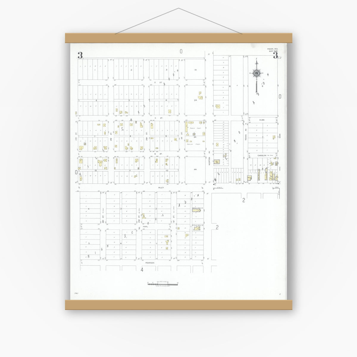 Old map wall art mockup — magnetic wood frame on white wall — Sanborn Fire Insurance Map from Freer, Duval County, Texas (1948), Sheet #0003