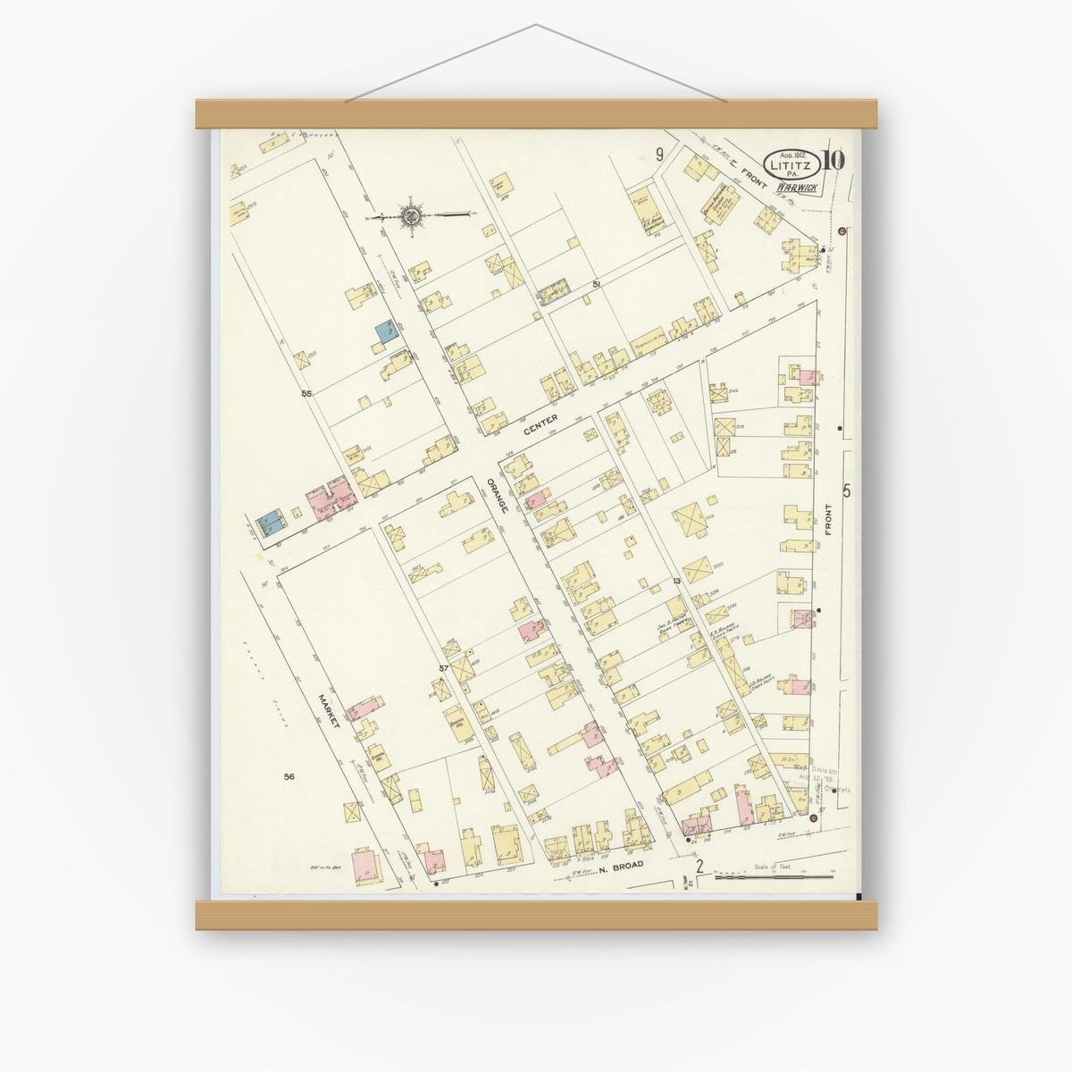 Old map wall art mockup — magnetic wood frame on white wall — Sanborn Fire Insurance Map from Lititz, Lancaster County, Pennsylvania (1912), Sheet #0010