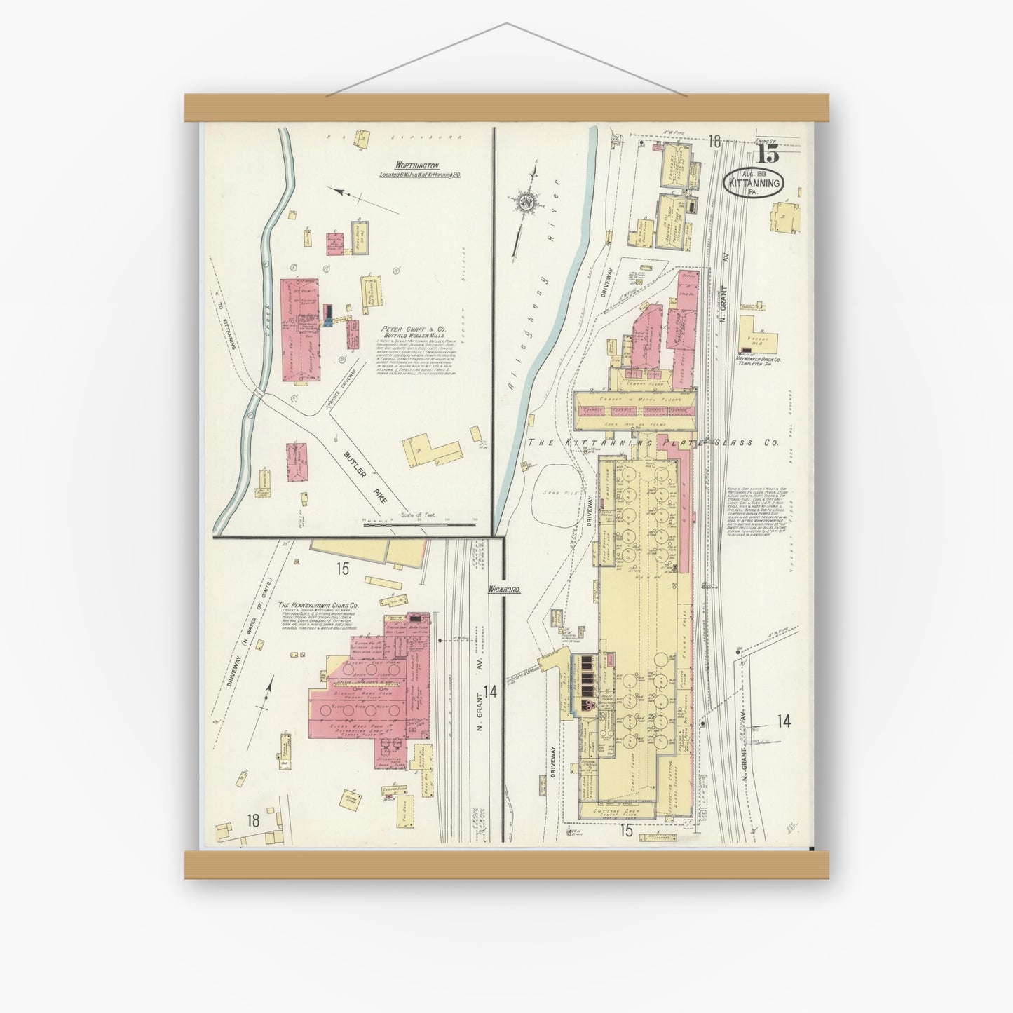 Old map wall art mockup — magnetic wood frame on white wall — Sanborn Fire Insurance Map from Kittanning, Armstrong County, Pennsylvania (1913), Sheet #0015