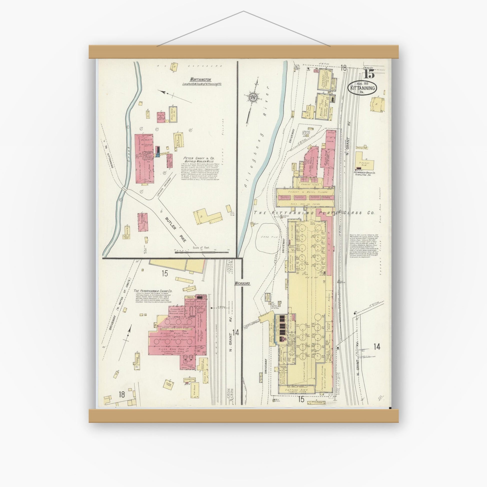 Old map wall art mockup — magnetic wood frame on white wall — Sanborn Fire Insurance Map from Kittanning, Armstrong County, Pennsylvania (1913), Sheet #0015