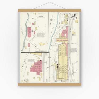 Old map wall art mockup — magnetic wood frame on white wall — Sanborn Fire Insurance Map from Kittanning, Armstrong County, Pennsylvania (1913), Sheet #0015