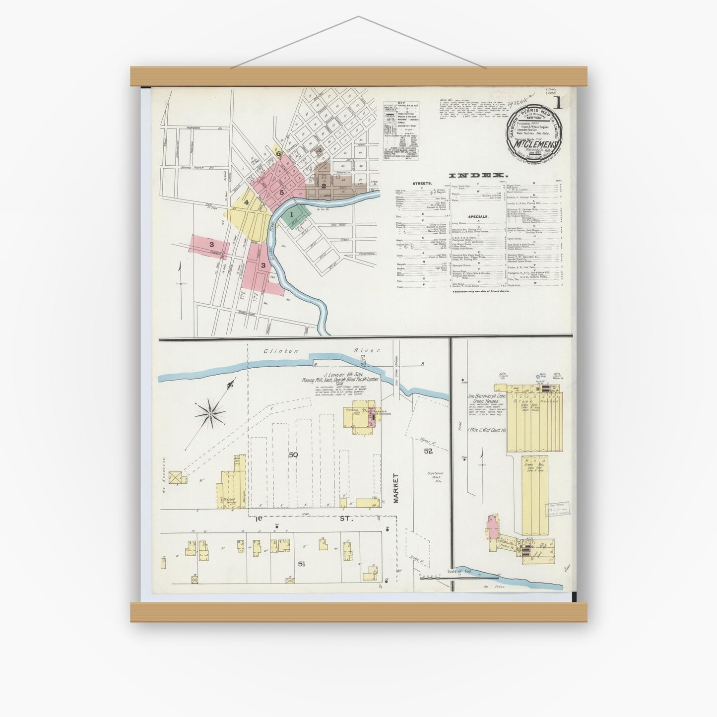 Old map wall art mockup — magnetic wood frame on white wall — Sanborn Fire Insurance Map from Mount Clemens, Macomb County, Michigan (1892), Sheet #0001