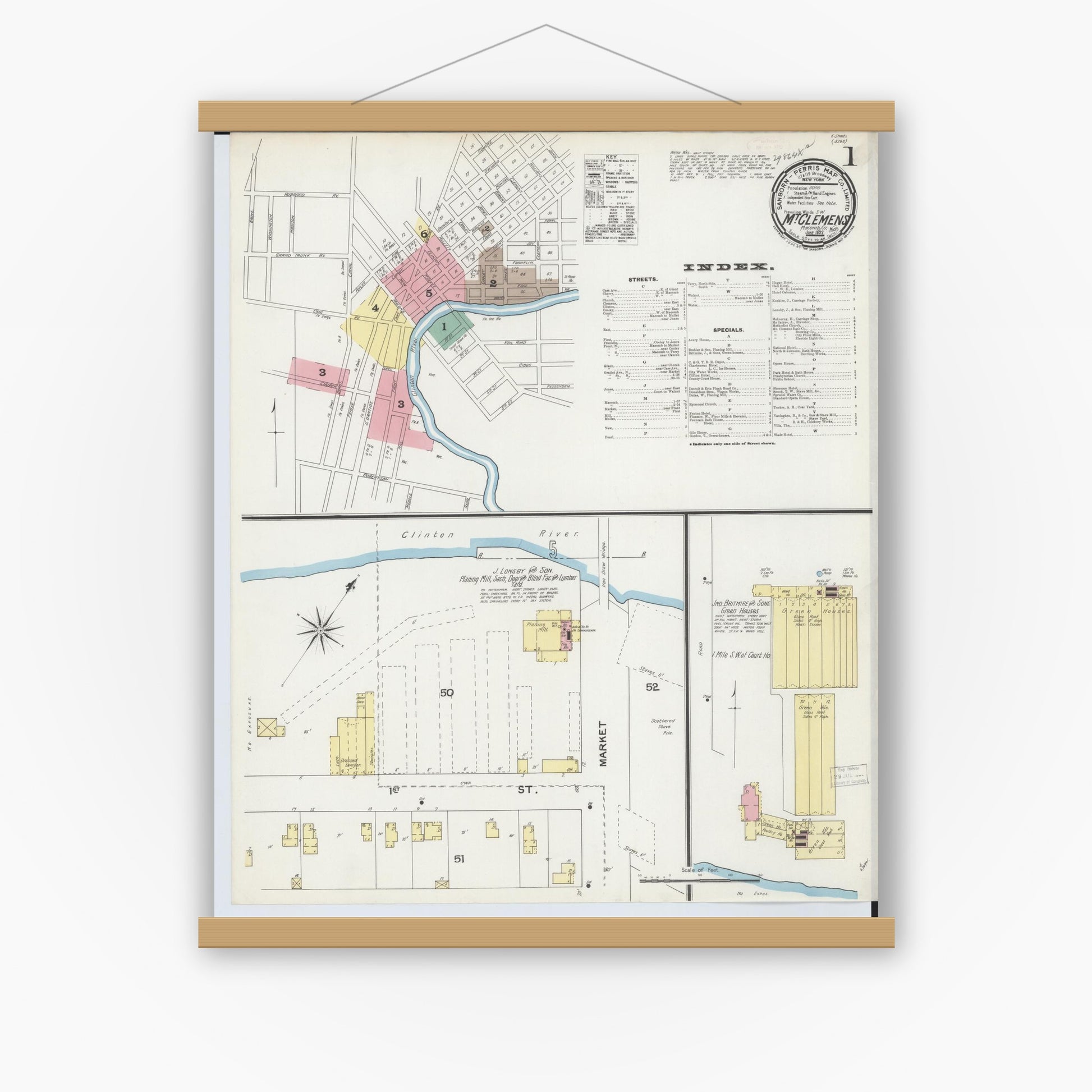 Old map wall art mockup — magnetic wood frame on white wall — Sanborn Fire Insurance Map from Mount Clemens, Macomb County, Michigan (1892), Sheet #0001