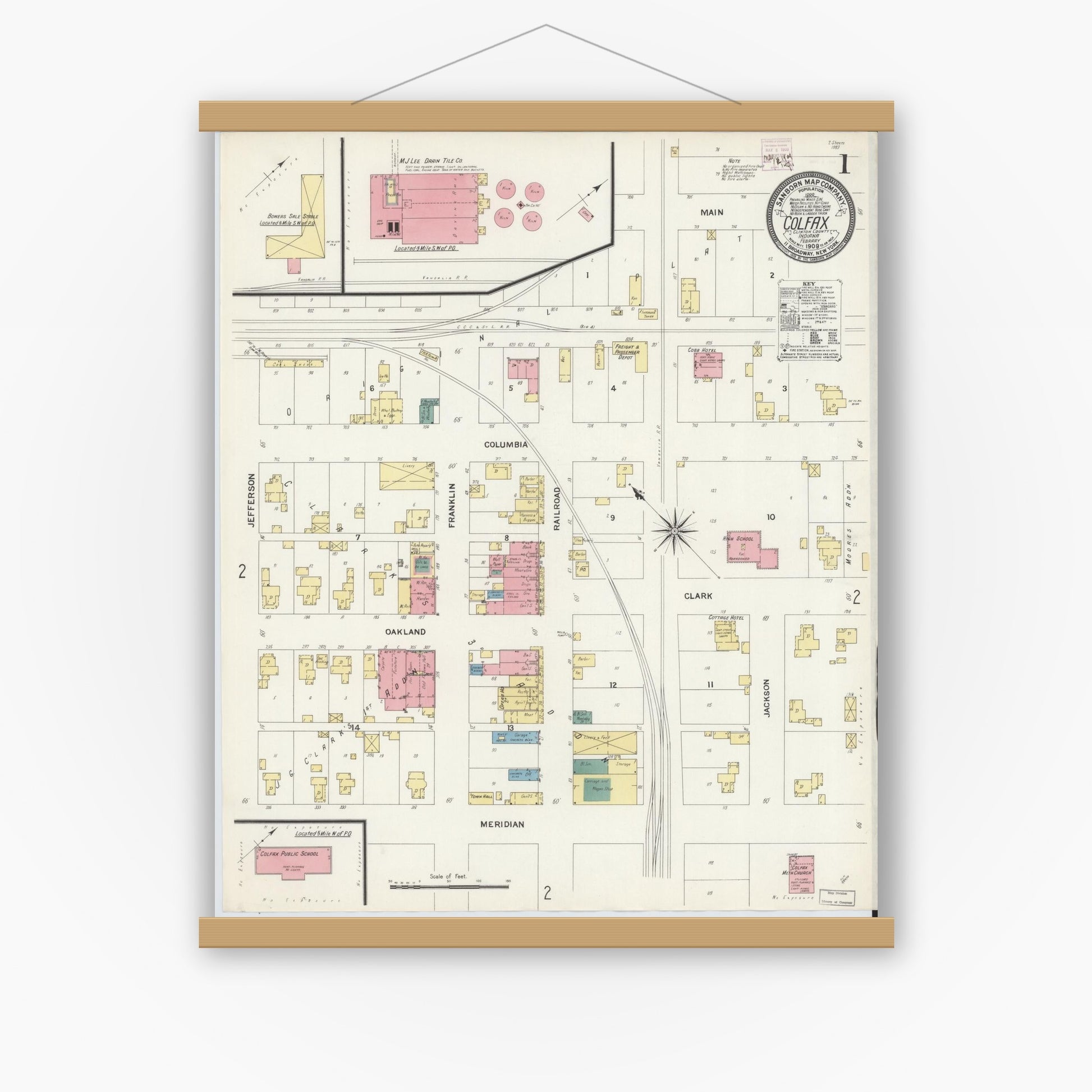 Old map wall art mockup — magnetic wood frame on white wall — Sanborn Fire Insurance Map from Colfax, Clinton County, Indiana (1909) - Complete Map Set