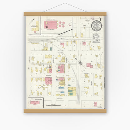 Old map wall art mockup — magnetic wood frame on white wall — Sanborn Fire Insurance Map from Colfax, Clinton County, Indiana (1909) - Complete Map Set