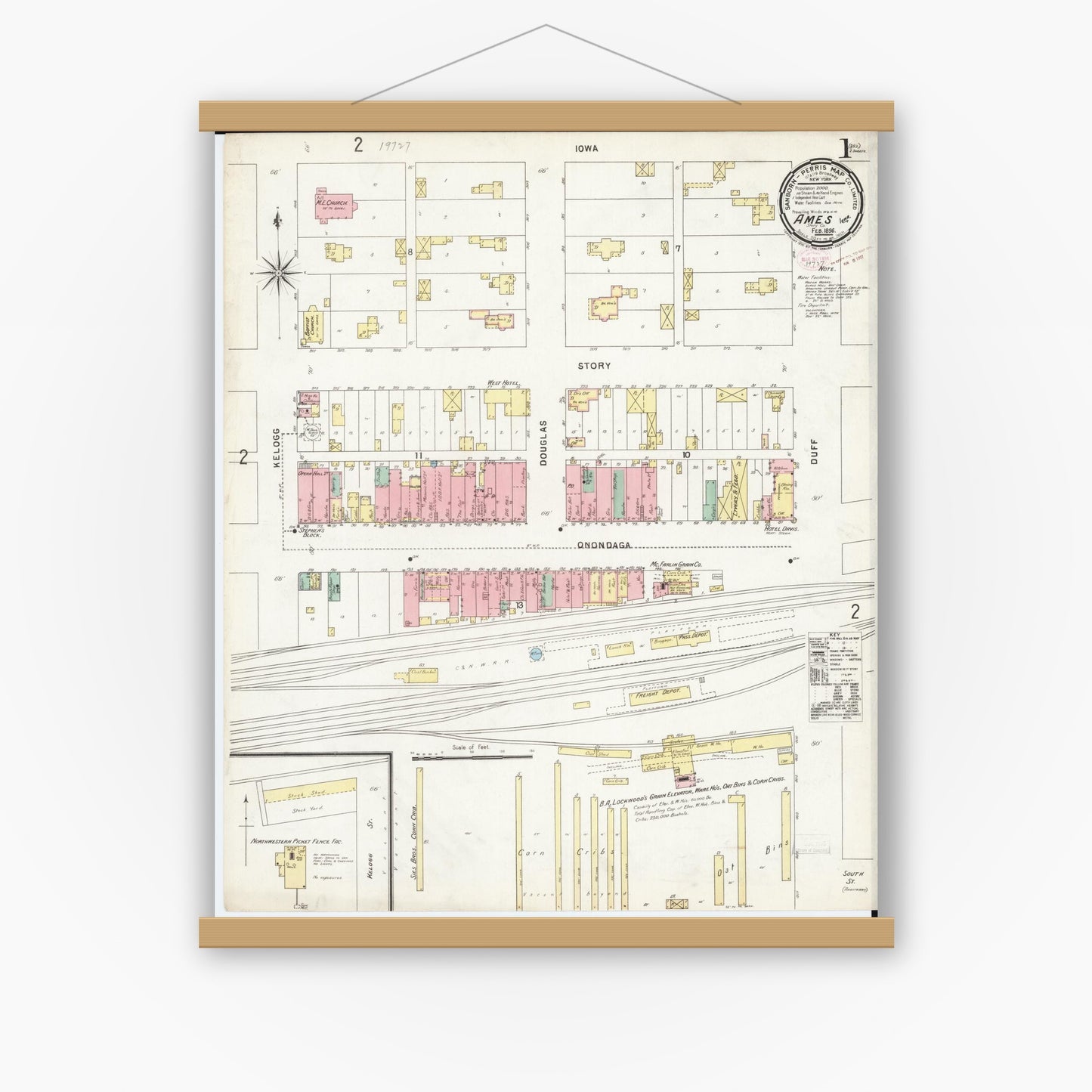 Old map wall art mockup — magnetic wood frame on white wall — Sanborn Fire Insurance Map from Ames, Story County, Iowa (1896) â€” Complete Set