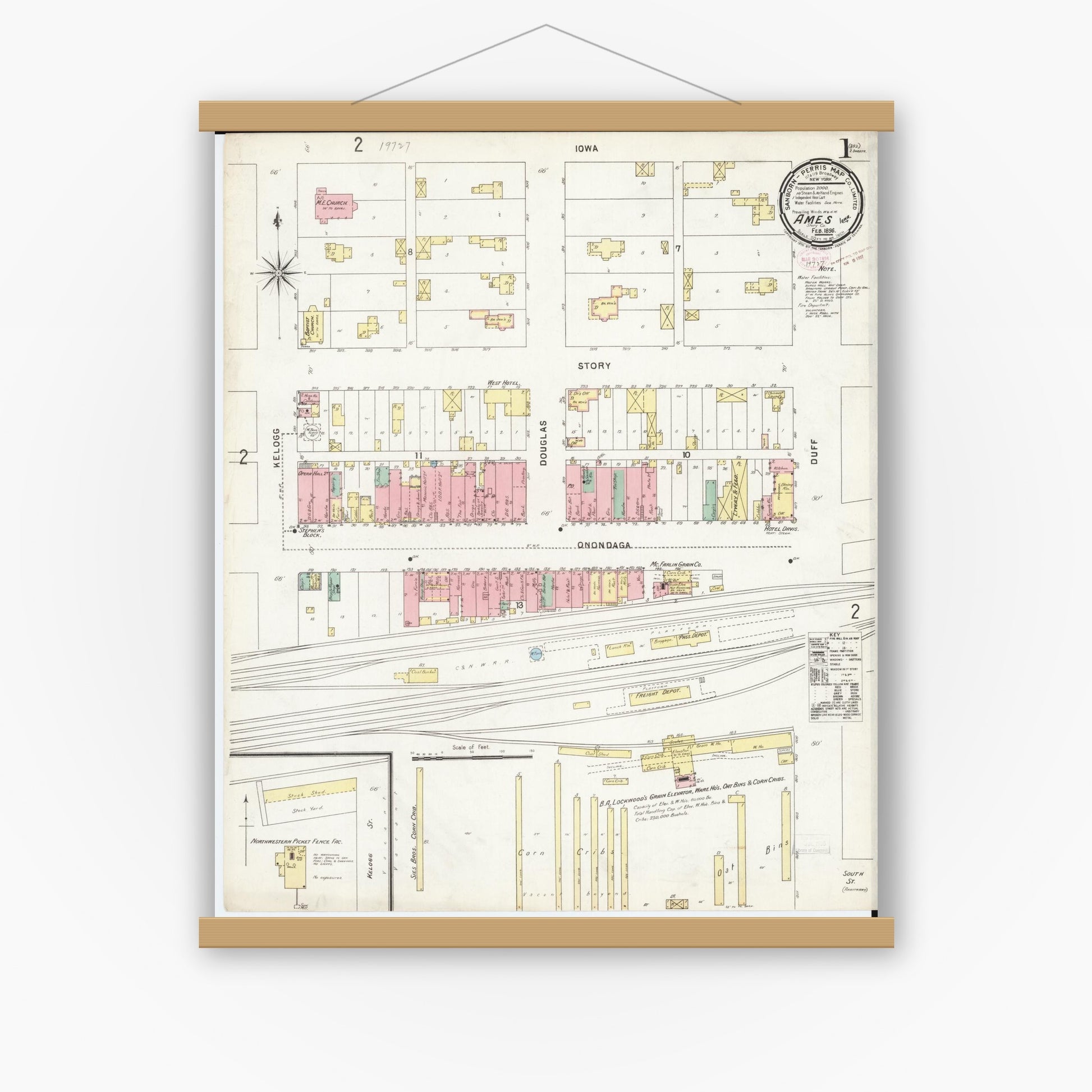 Old map wall art mockup — magnetic wood frame on white wall — Sanborn Fire Insurance Map from Ames, Story County, Iowa (1896) â€” Complete Set