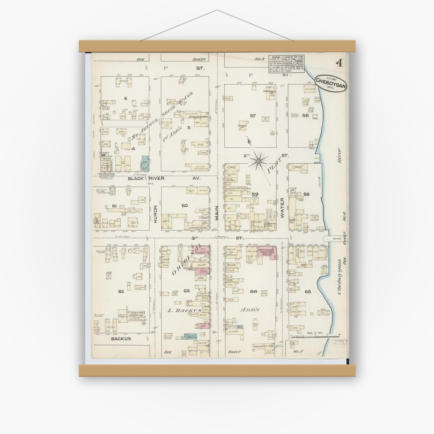 Old map wall art mockup — magnetic wood frame on white wall — Sanborn Fire Insurance Map from Cheboygan, Cheboygan County, Michigan (1884), Sheet #0004
