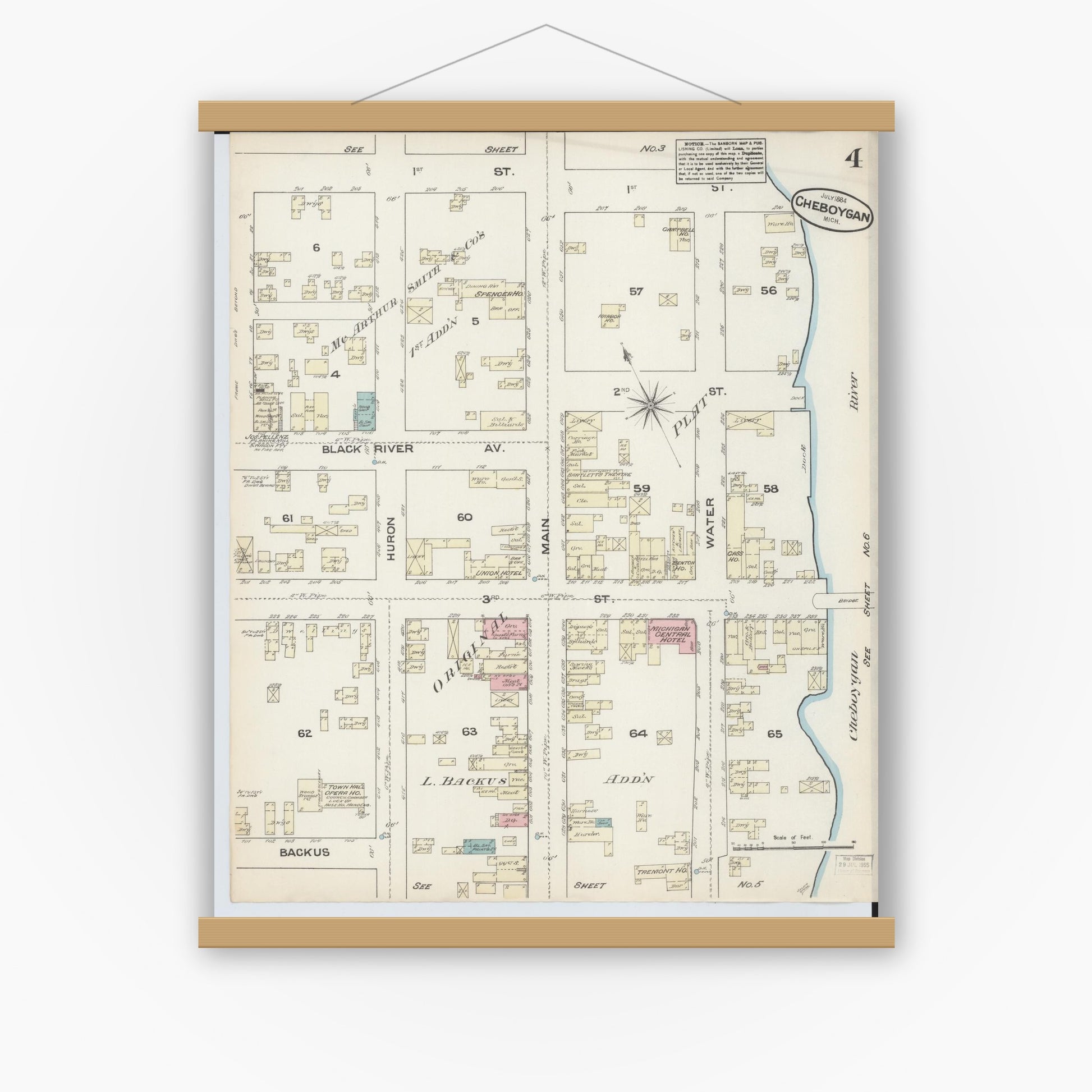 Old map wall art mockup — magnetic wood frame on white wall — Sanborn Fire Insurance Map from Cheboygan, Cheboygan County, Michigan (1884), Sheet #0004
