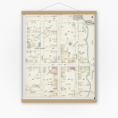 Old map wall art mockup — magnetic wood frame on white wall — Sanborn Fire Insurance Map from Cheboygan, Cheboygan County, Michigan (1884), Sheet #0004