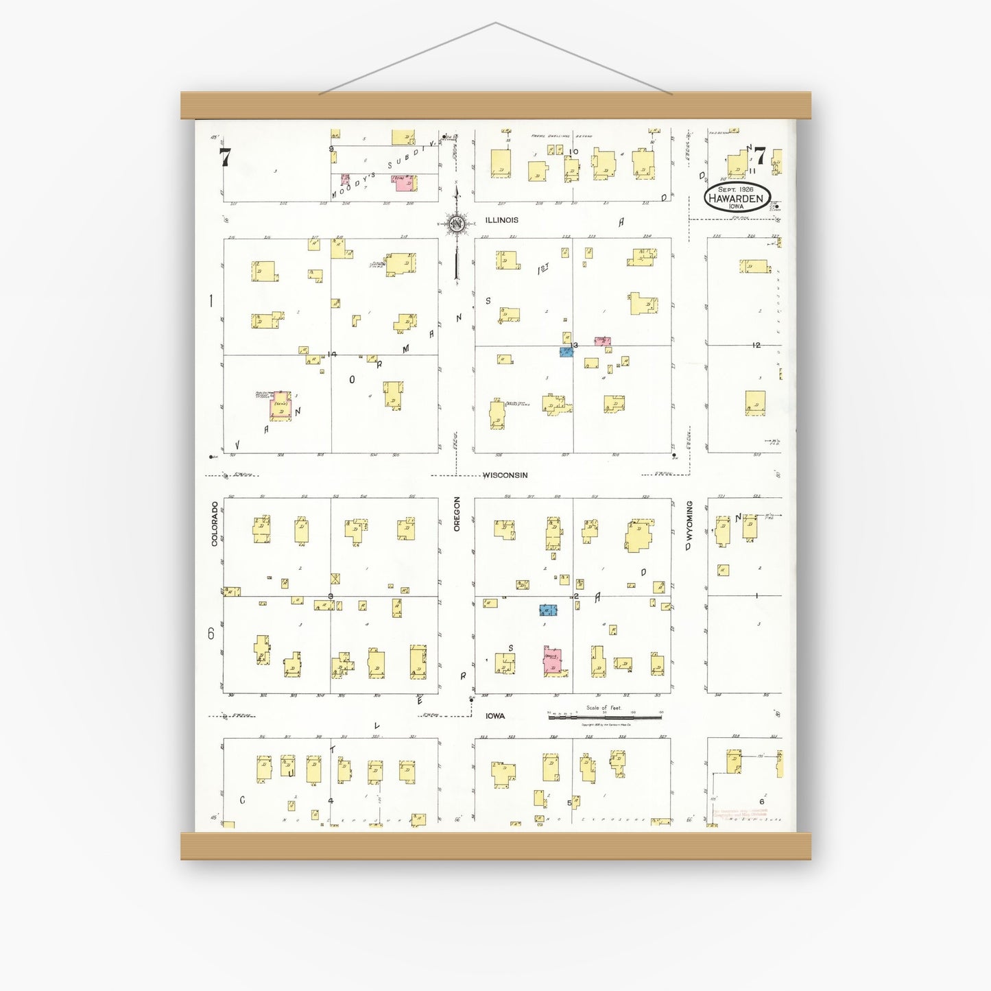 Old map wall art mockup — magnetic wood frame on white wall — Sanborn Fire Insurance Map from Hawarden, Sioux County, Iowa (1924), Sheet #0007