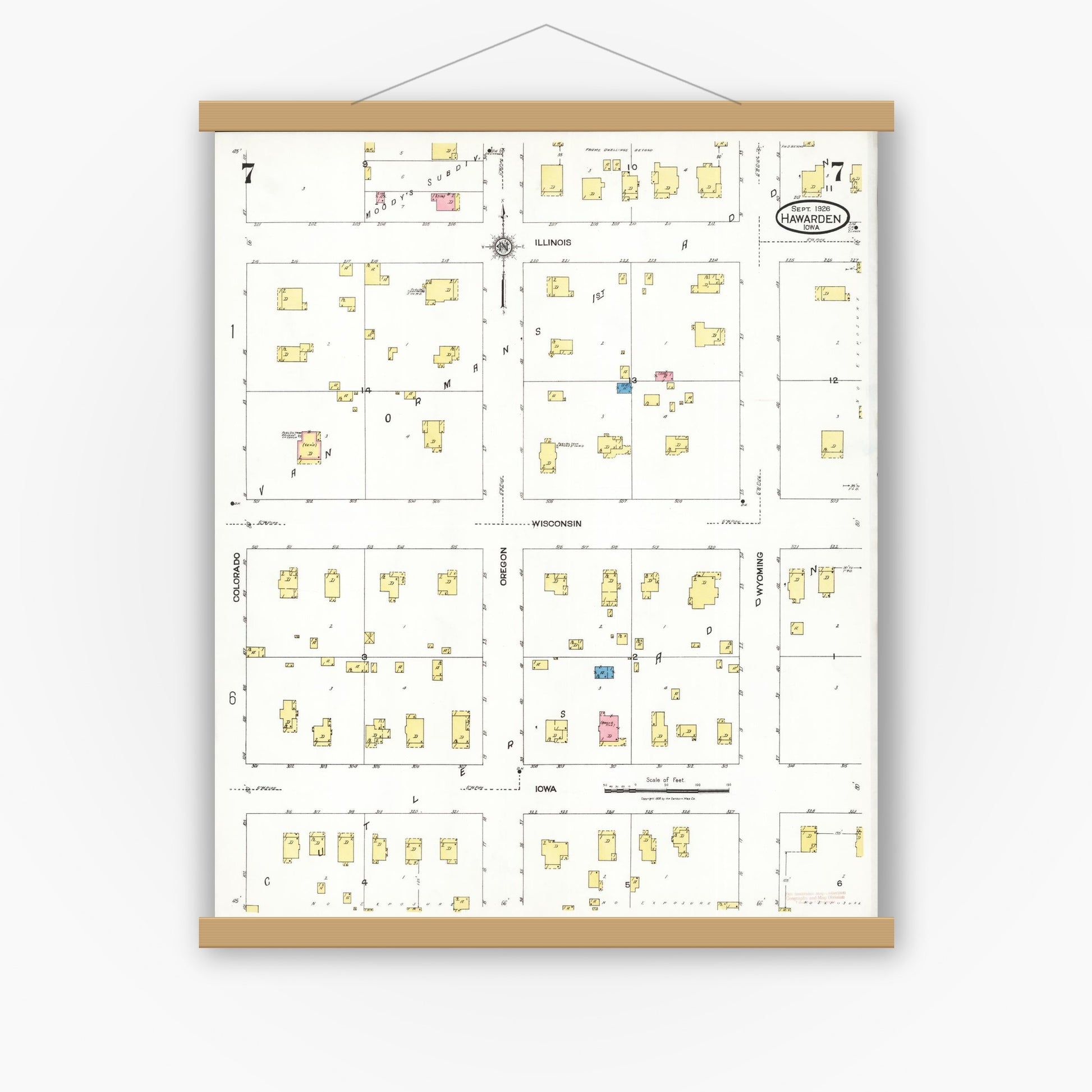 Old map wall art mockup — magnetic wood frame on white wall — Sanborn Fire Insurance Map from Hawarden, Sioux County, Iowa (1924), Sheet #0007