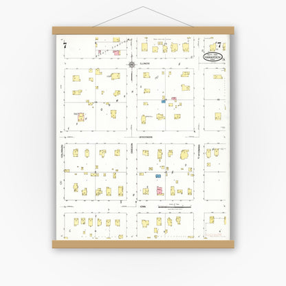 Old map wall art mockup — magnetic wood frame on white wall — Sanborn Fire Insurance Map from Hawarden, Sioux County, Iowa (1924), Sheet #0007
